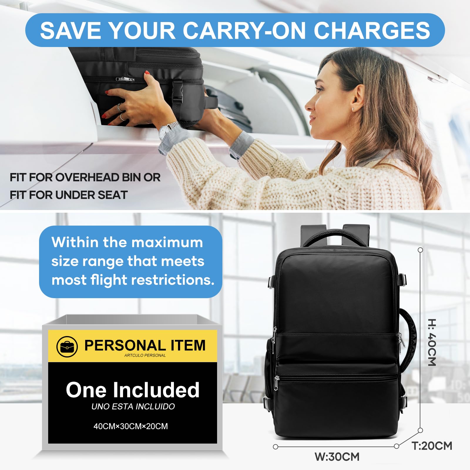 Mochila De Viaje Cabina Avion 40x20x25 Ryanair Mochilas Para Avion Equipaje De Mano Bolsa De Cabina 45x36x20 Mochila Mujer Antirrobo Casual Mochila Impermeable Cabina Cadena Negra