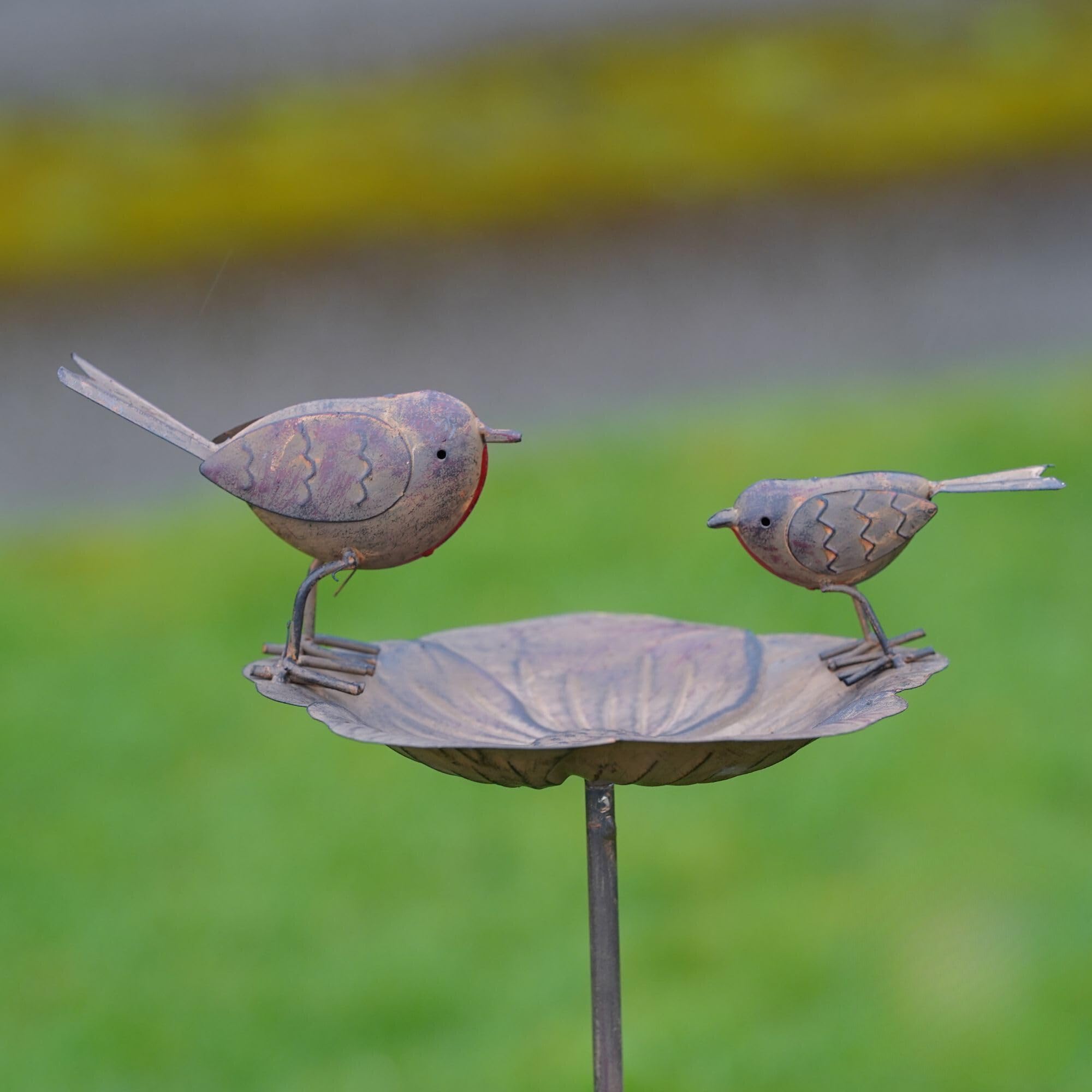 Robin on Flower Bird Feeder Bath | Large Metal Robins Garden Ornament Outdoor