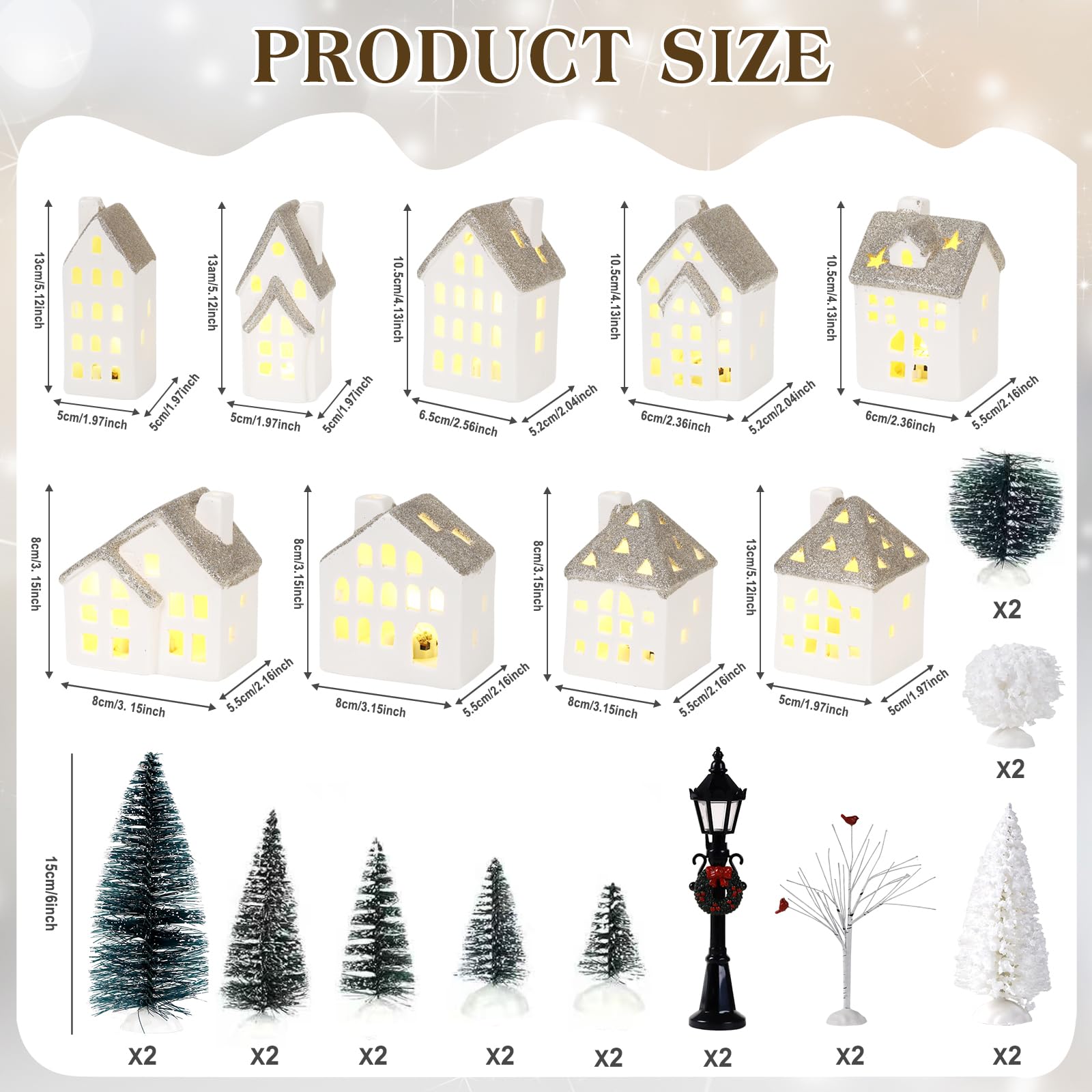 Juego de 29 piezas de cerámica de pueblo de Navidad con luz de té, pinos, lámpara de calle de Navidad, porcelana blanca, decoración de mesa (LR44 integrada)