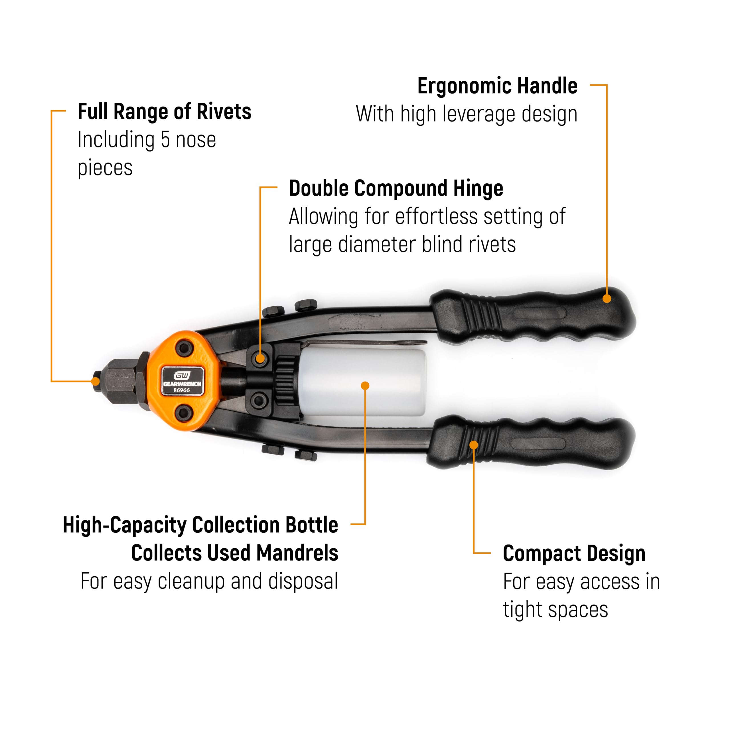 GEARWRENCH Remachadora manual resistente de 13 pulgadas con bisagra de doble compuesto, compatible con remaches de acero, aluminio, acero inoxidable y cobre | 86966