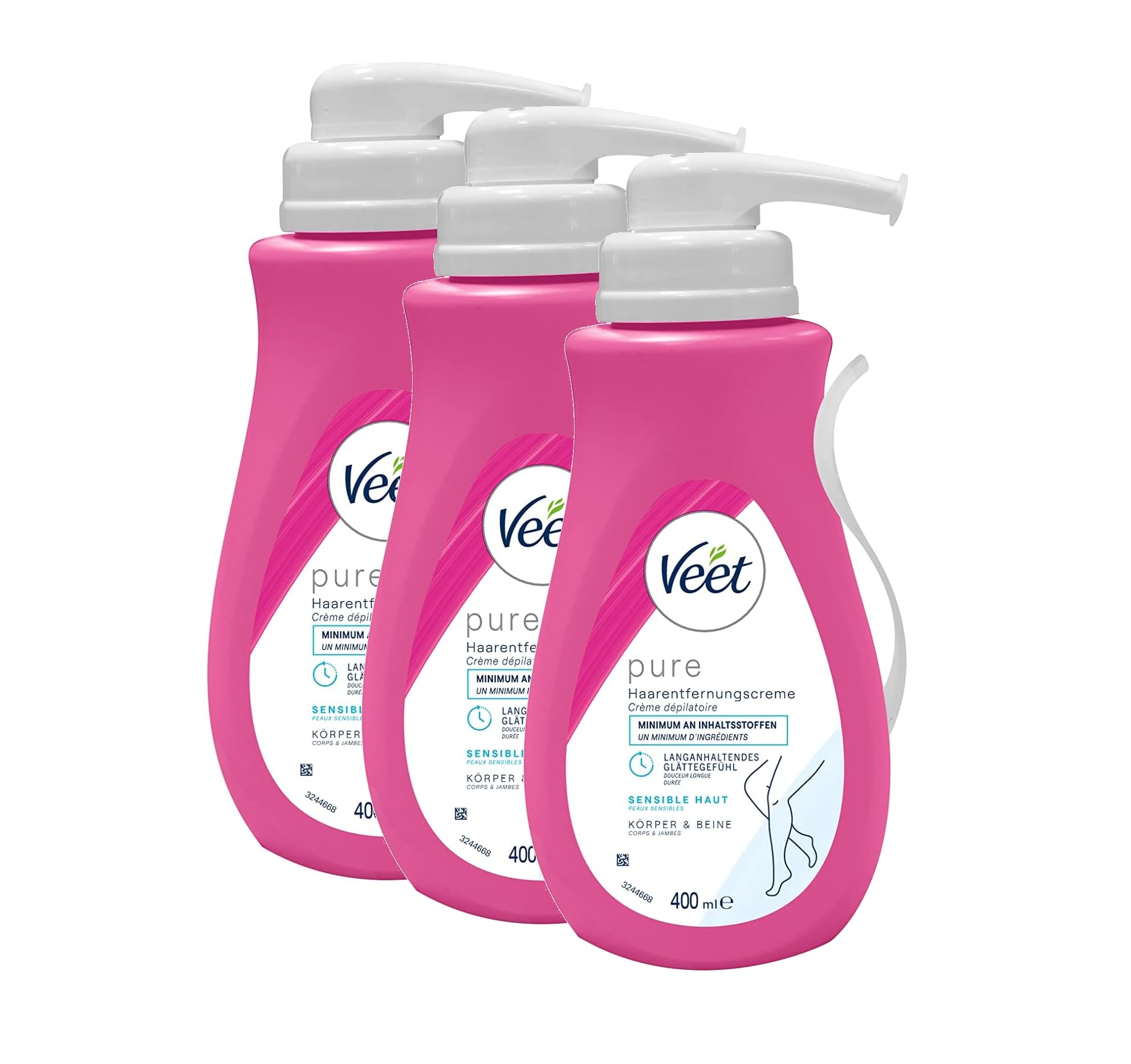 Veet Pure Haarentfernungscreme für Körper, Arme & Beine - Enthaarungscreme für sensible Haut - Minimum an Inhaltsstoffen - (2er Pack) 2 x 400 ml Spender inkl. Spatel