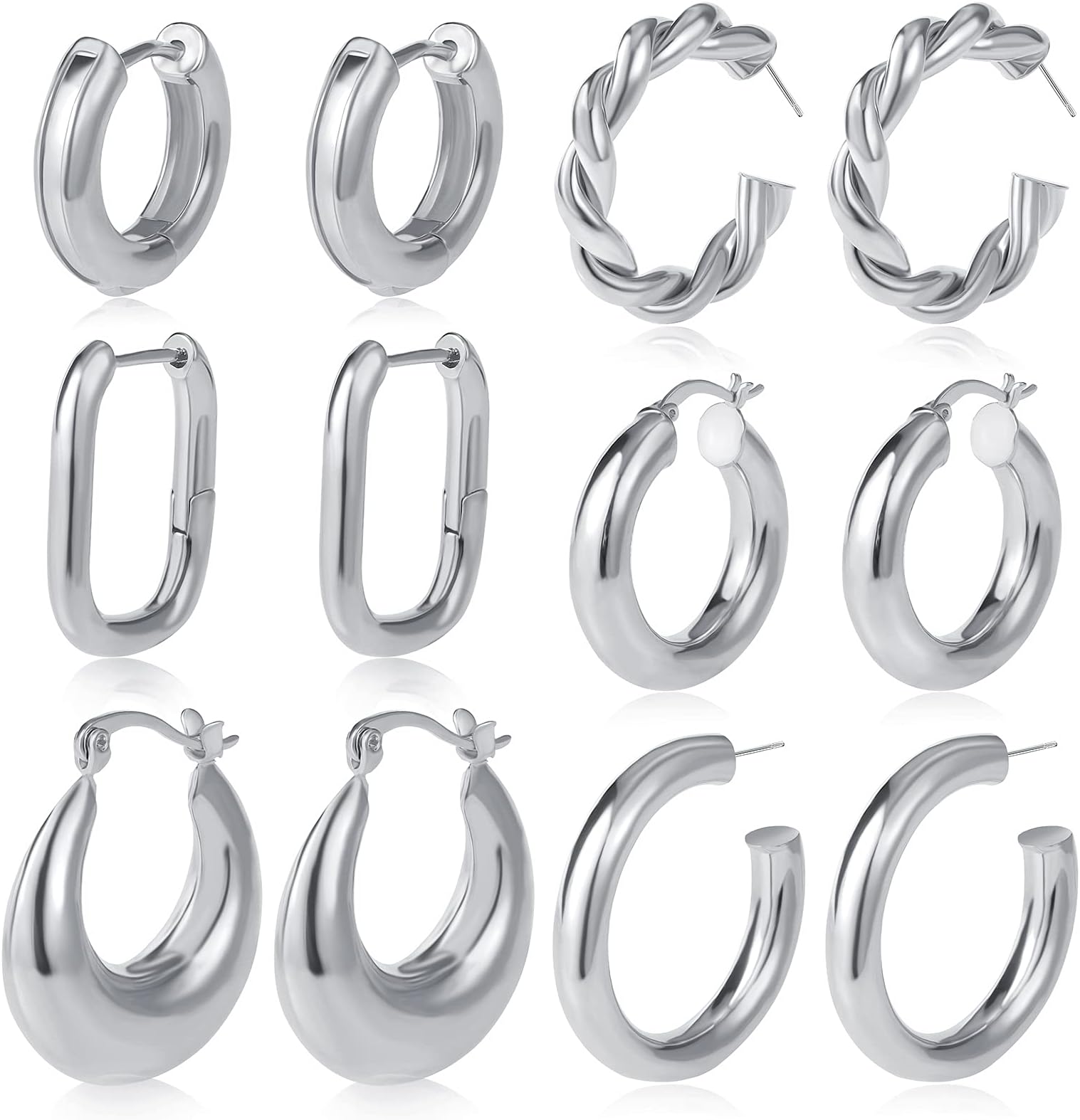 6 Pairs Chunky Gold Hoop Earrings Set for Women 14K Gold Plated Hypoallergenic Thick Open Huggie Hoop Set Jewelry for Christmas Gifts