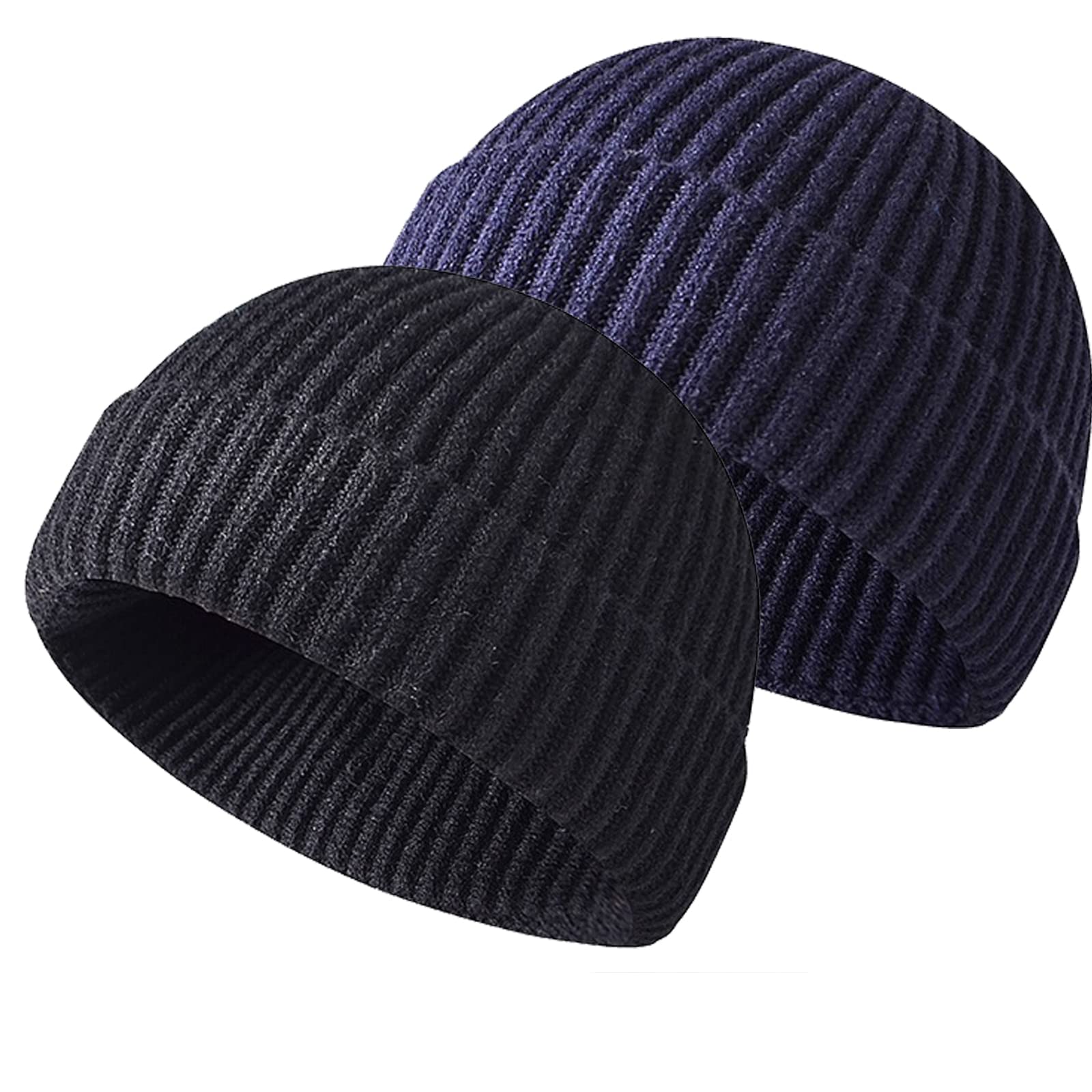 Baynetin Men's Z-Black+Tibetan Winter Beanie Hat, Roll Up Edge Skullcap Fisherman Beanie, Unisex Soft & Stretchable Cuffed Plain Knit Hipster Docker Winter Hat (Z-Black+Tibetan)