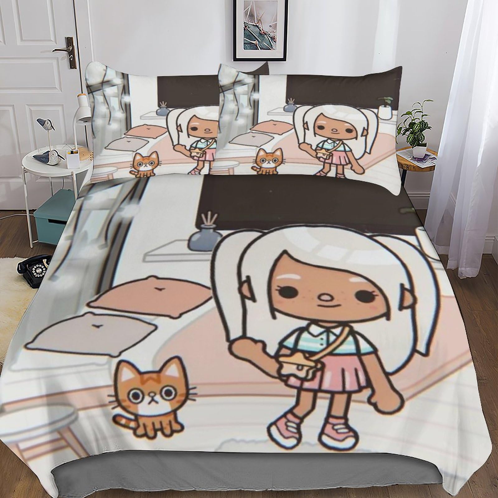 VOLDAX Toca Boca World Duvet Cover Boys Kids Bedding Set Games Comforter Cover Microfiber Decor with A Sense of 3D Print 3 Piece Set Quilt Cover with Zipper Closure Soft Double（200x200cm）