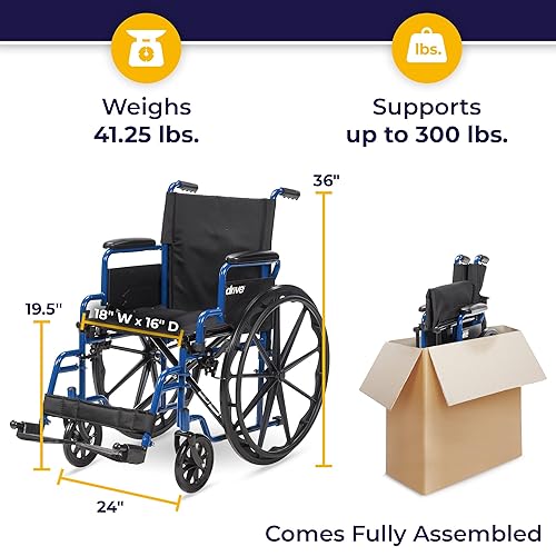 Miniatura 4 de Silla de ruedas azul con brazos desmontables de escritorio y apoyos para descansar la pierna elevados de Drive Medical  BLS18FBD-SF Apoya pies Swing