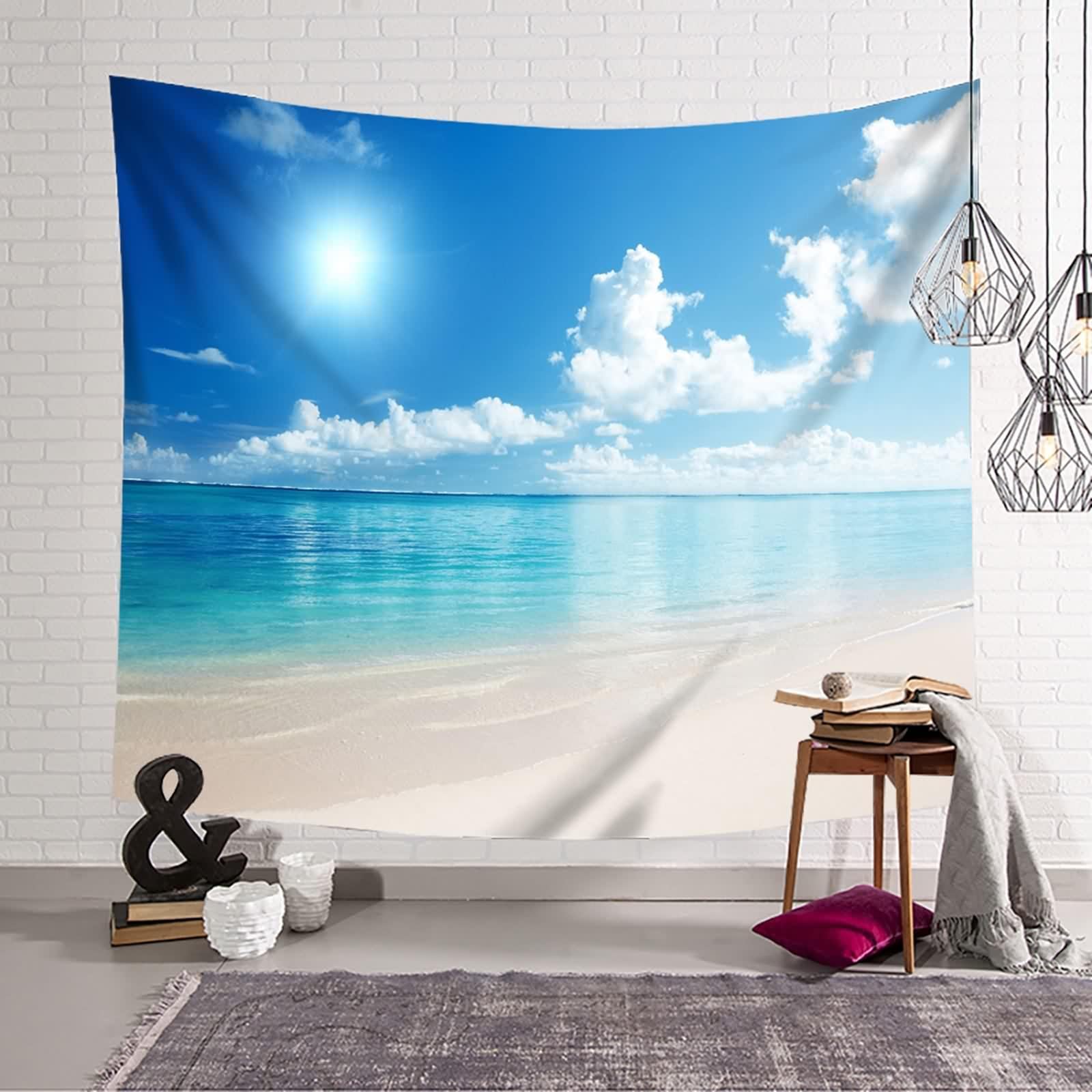 Tolldek Dywan ścienny, niebieski, biały, beżowy, 300 x 256 cm, naturalny krajobraz, ozdoba na ścianę, plaża, morze, niebo, gobelin, nadaje się do dekoracji ścian