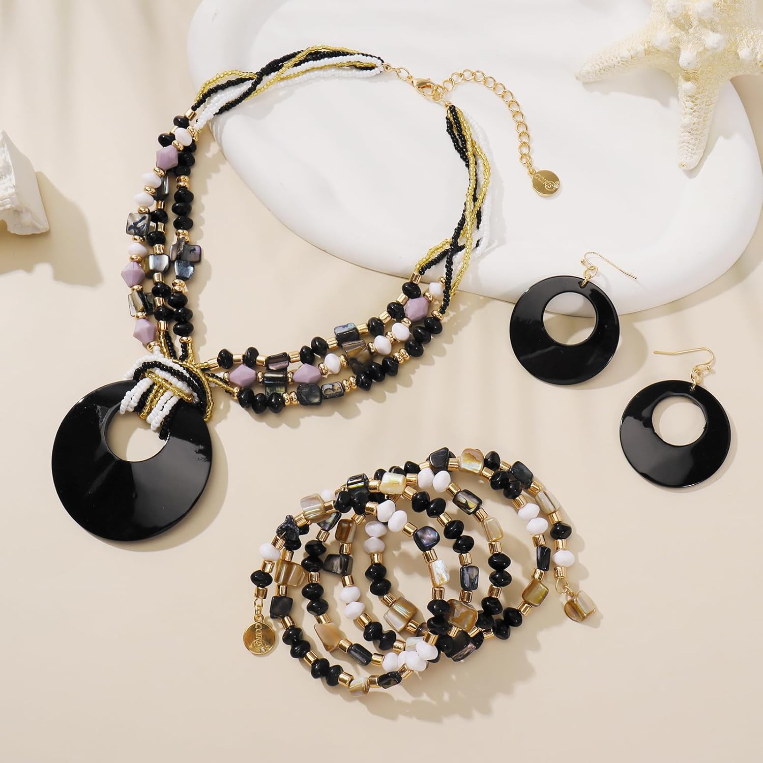 Jewelry Sets for Women 4 Pcs Chunky Beaded Mrs Roper Costume Jewelry for Women Boho Multi Strand Colorful Shell Necklace for Women - Image 3