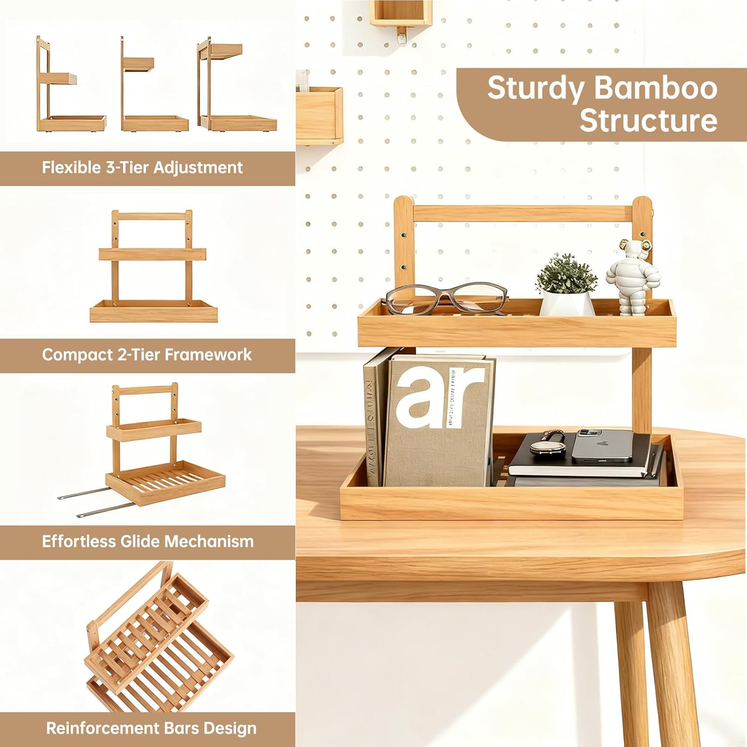 2-Tier Under Sink Pull Out Organizer, Bamboo Cabinet Storage Shelf with Adjustable Height, Slide Out for Kitchen Bathroom Pantry Cabinet
