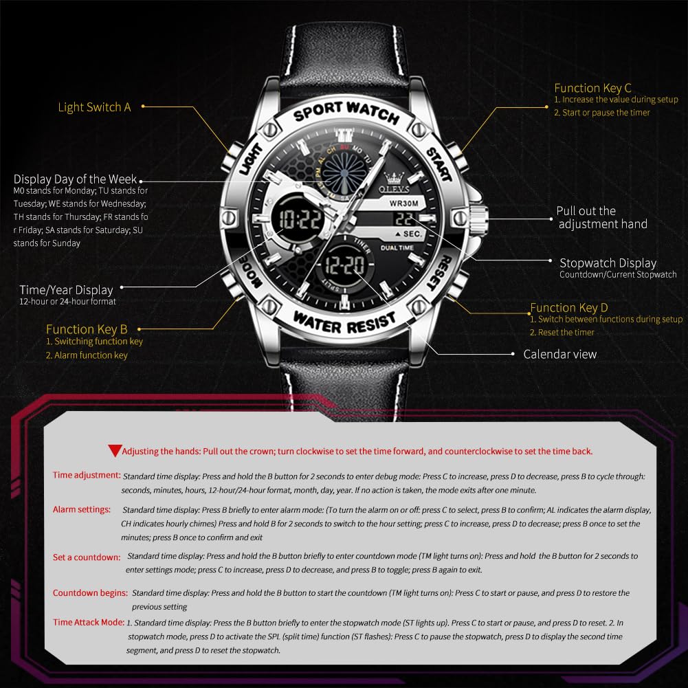 OLEVS Reloj de pulsera para hombre, con cronógrafo, para negocios, calendario digital, impermeable, para hombre