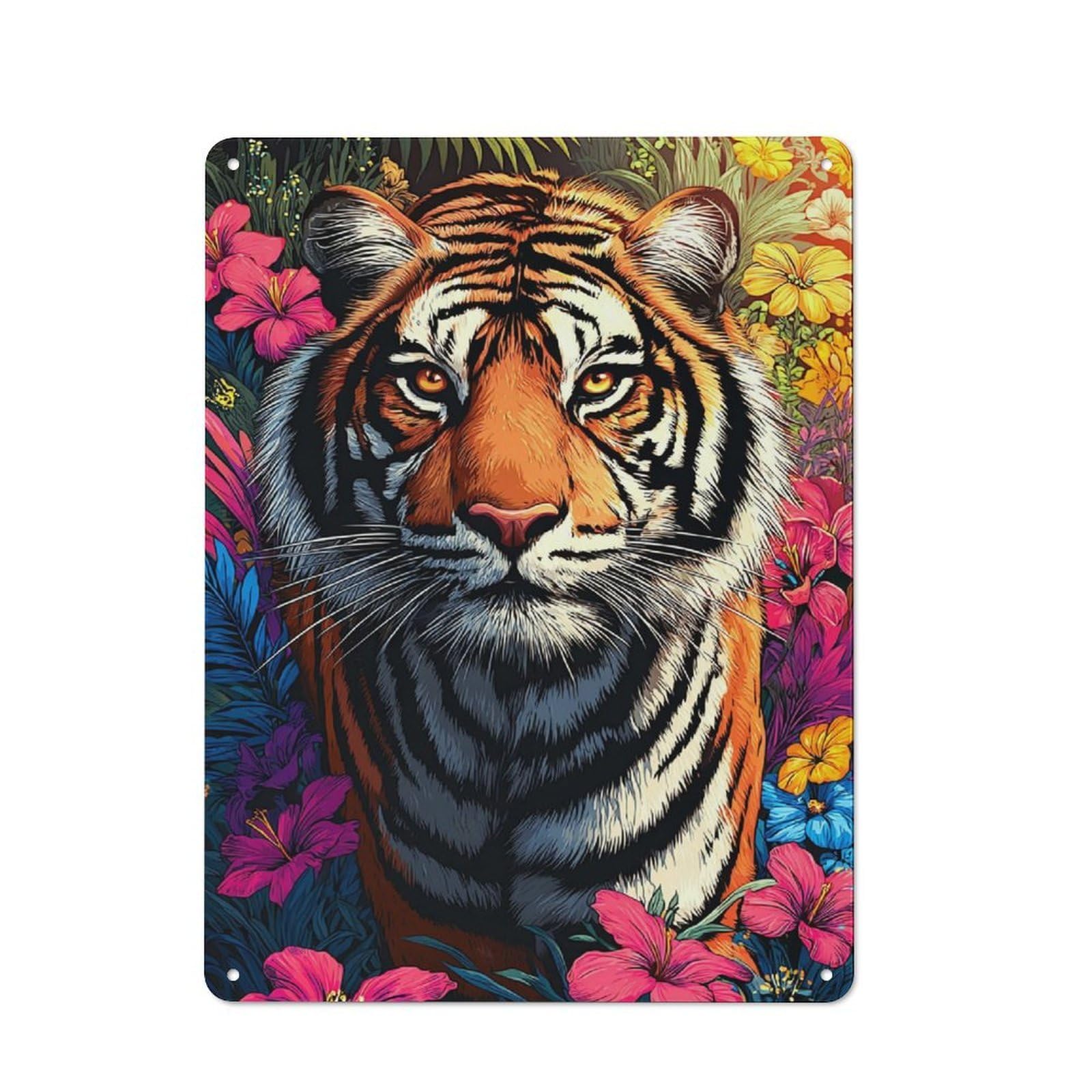 Decorative Tin Sign with Tiger Amidst Vibrant Flowers Design 40x30cm, Farmhouse Cottage Wall Art for Farmhouse Kitchen, Pantry Or Dining Area