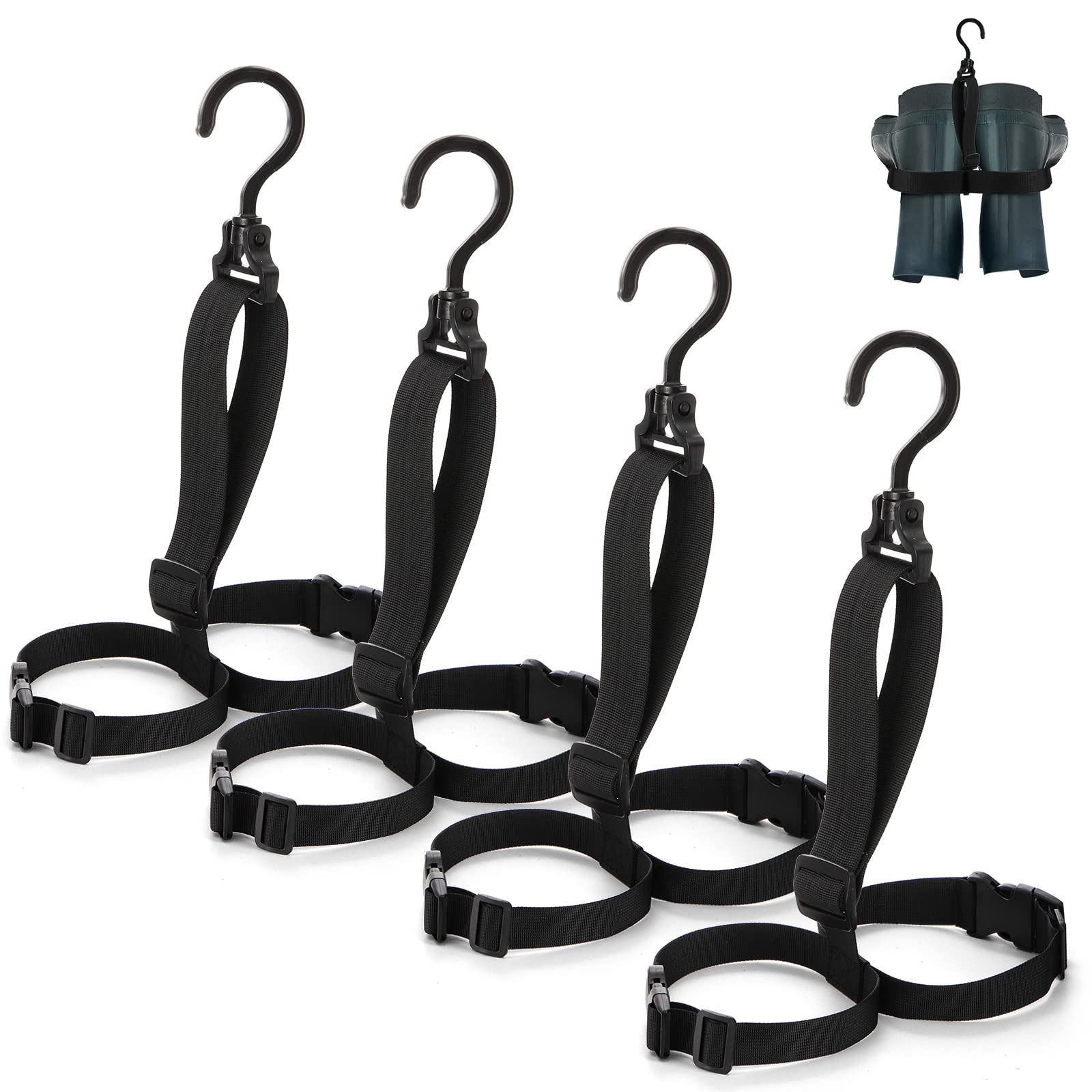 ZENFUN Set of 4 Fishing Wader Boots Hanger, Wader Boots Dryer with Adjustable Strap, Fishing Boots Storage and Drying Belt, Black