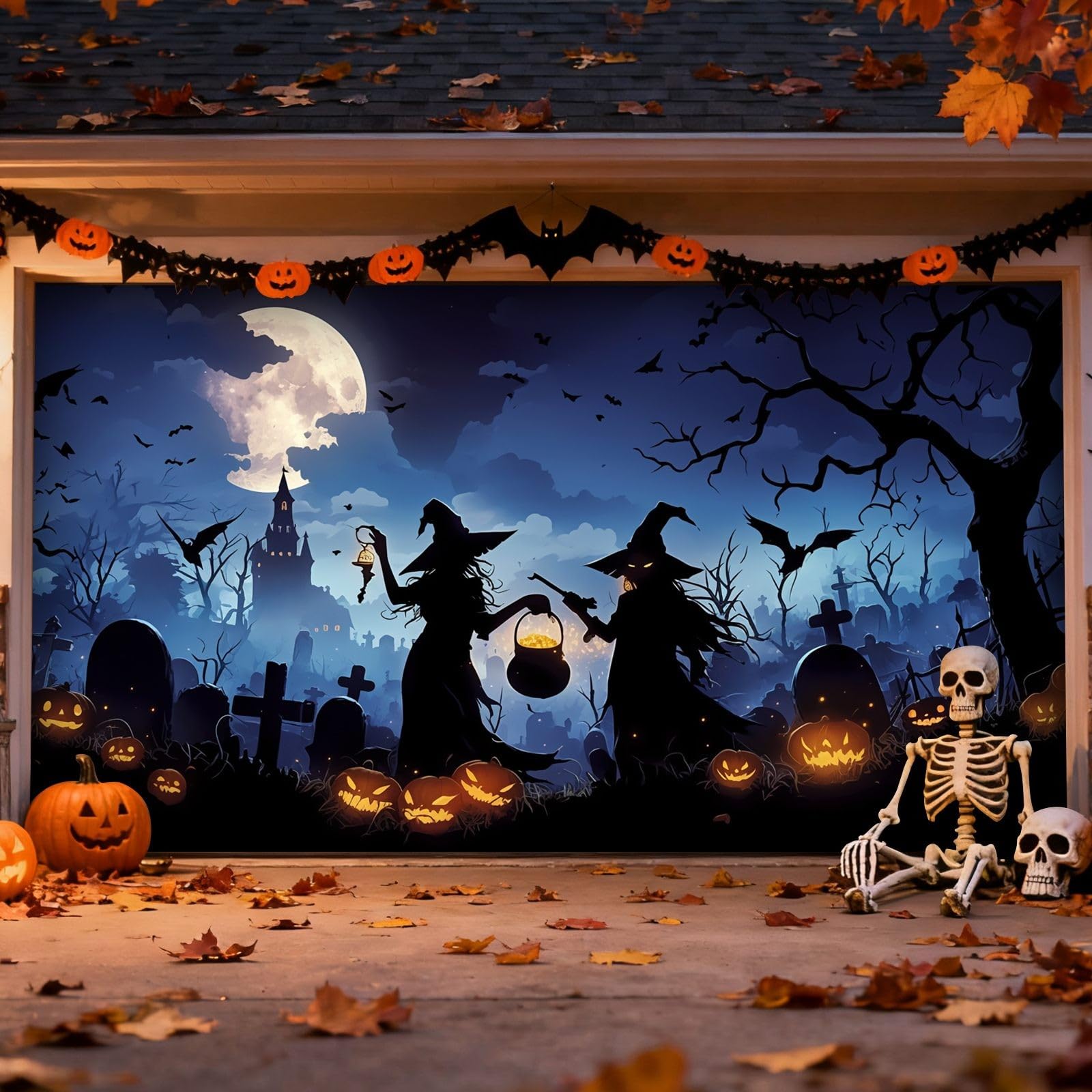 Letrero de Halloween para puerta de garaje para exteriores, escena grande con murciélagos y fiesta de vacaciones