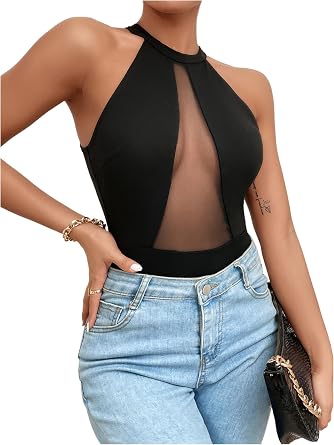 Milumia Womens Halter Neck Sleeveless Sheer Mesh Mock Neck Bodysuit
