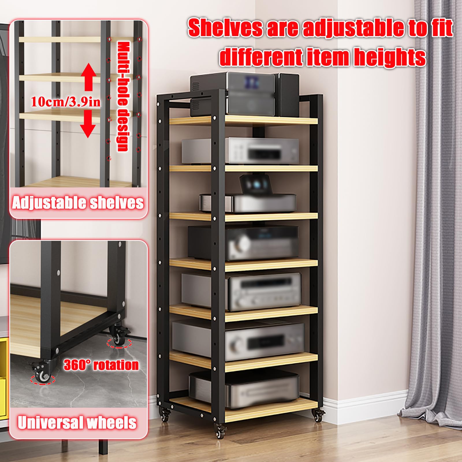 Scaffale stereo regolabile con ruote, supporto per componenti audio a 6 livelli, versatile scaffalatura per dispositivi multimediali, robusta struttura in noce per home theater, 60 x 40 x 161 cm