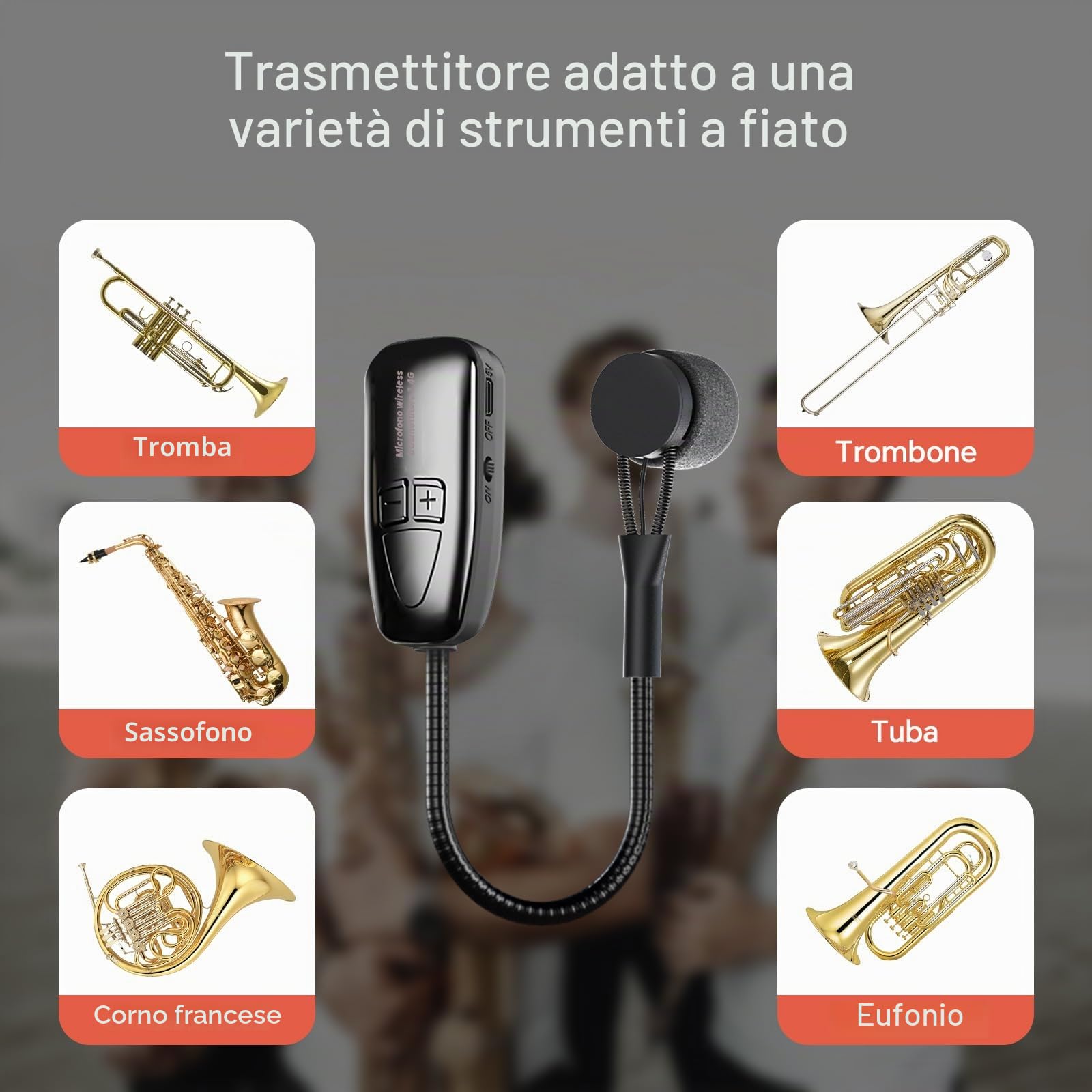 Microfono wireless per sassofono, microfono per strumenti a clip 2.4G, trasmettitore e ricevitore ricaricabile, portata 30,5 m, ideale per sassofono, tromba, tromba, trombone, cornetta, corno