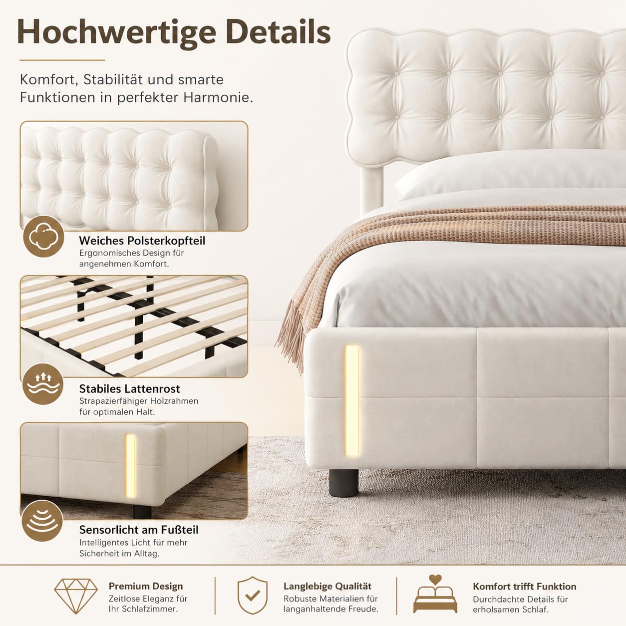 PerGar Łóżko tapicerowane 140 x 190 cm z miejscem do przechowywania i oświetleniem LED, beżowe, aksamitne łóżko z hydraulicznym stelażem, nowoczesne łóżko podwójne z czujnikiem ruchu, miękki zagłówek