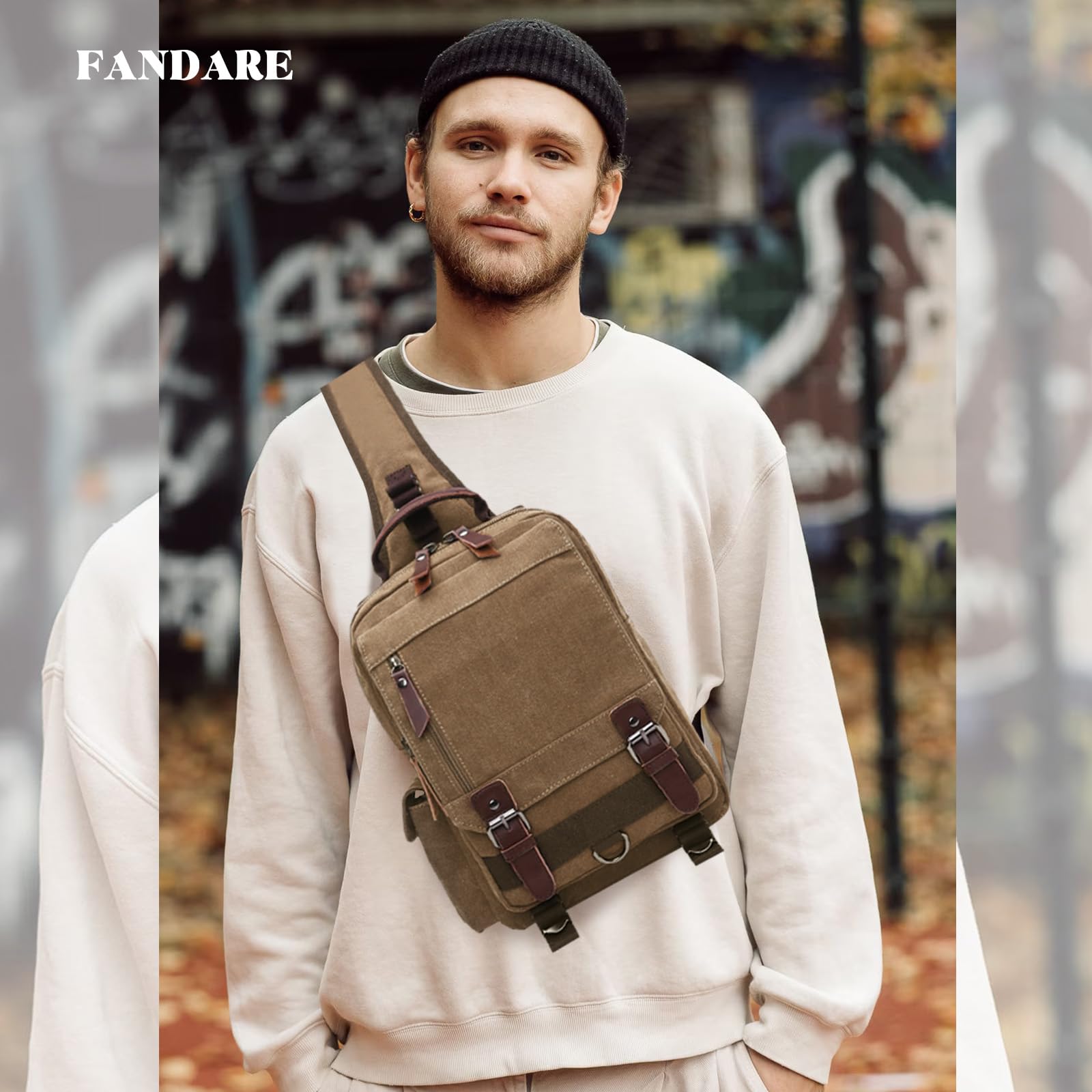 FANDARE Retro Sac de Poitrine Homme Petit Sac À Dos Femme Sling Bag Toile Sac d'Epaule Sacoche Sac Bandoulière pour Affaires Université École Cyclisme Camping Voyage Cartable Noir A