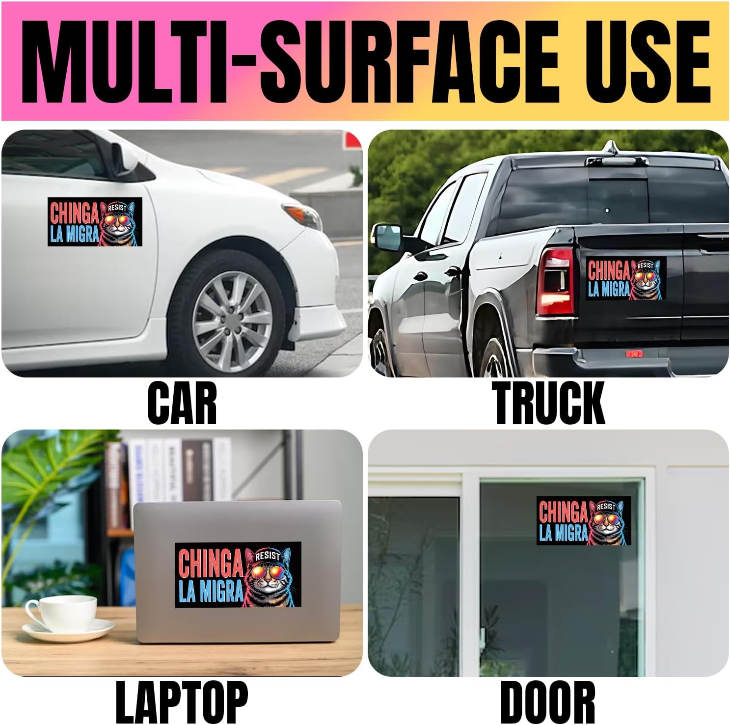 VOTANTA (7.5"x3.75") Chinga La Migra Bumper Sticker, Support Immigrates Patriotic Political Resist Cat Meme American Flag Decals Gifts for Car Truck Windows image 5