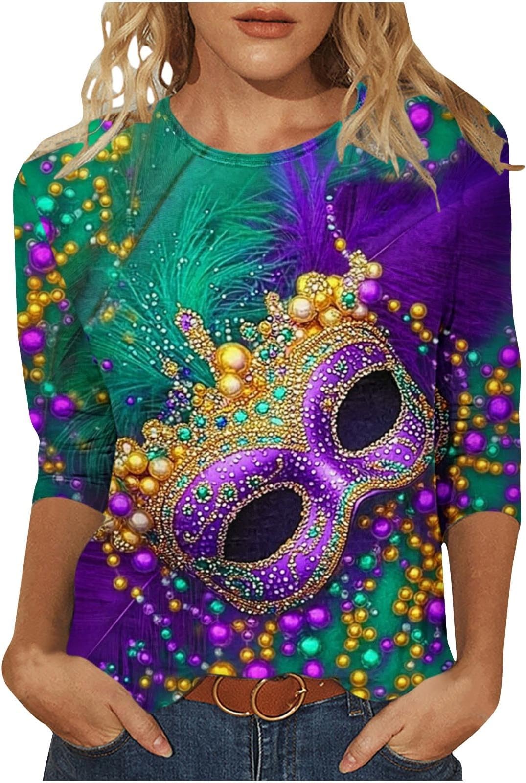 Mardi Gras Shirts for Women Funny Mask Print 3/4 Sleeve Tops New Orleans Carnival Themed Party Outfits Parade T Shirt