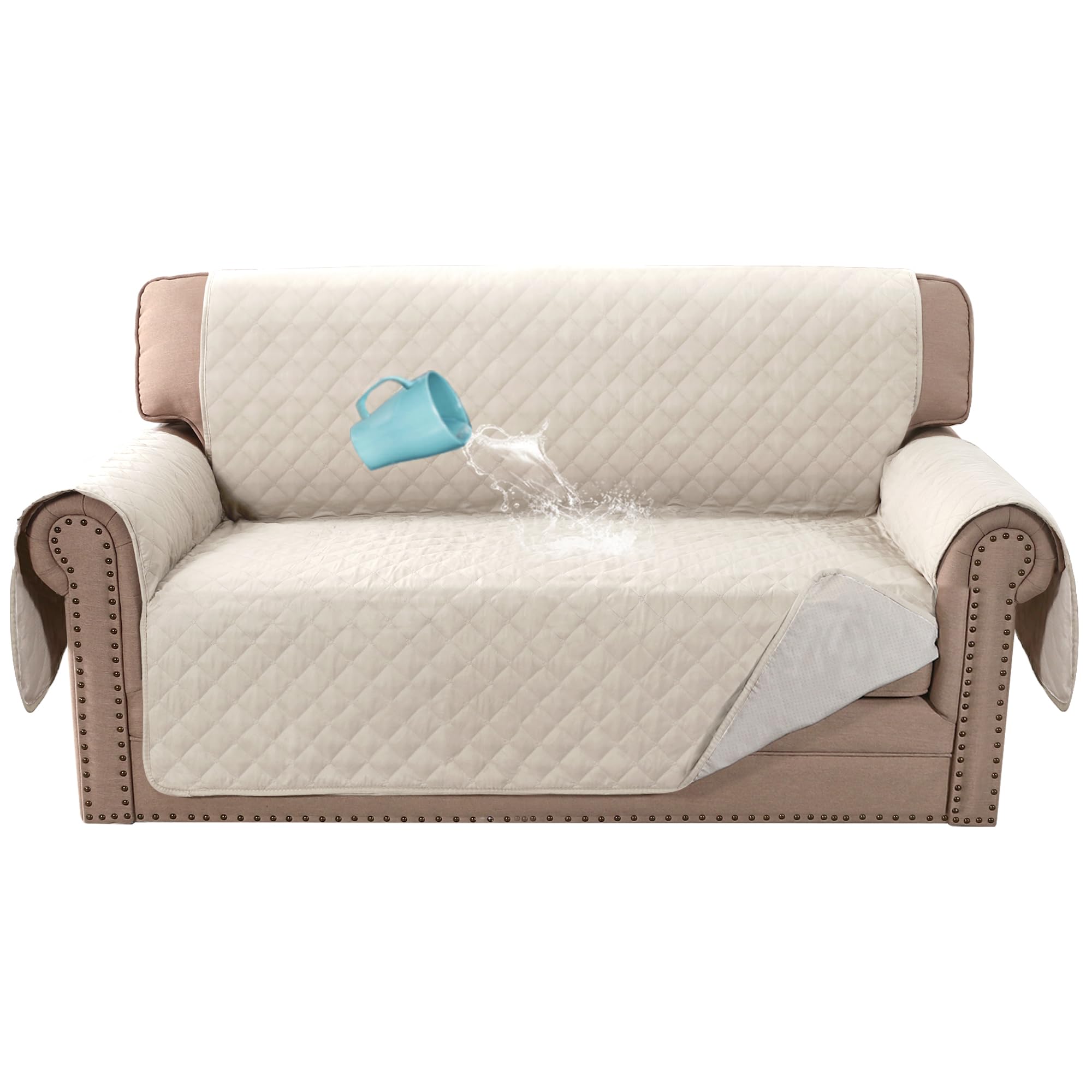 Bellahills Ivory Sofa Cover 100% Waterproof Sofa Covers 2 Seater Couch Covers Sofa Slipcovers With Elastic Straps Triple Non-Slip Loveseat Sofa Cover Furniture Protector For Kids (Loveseat 54", )