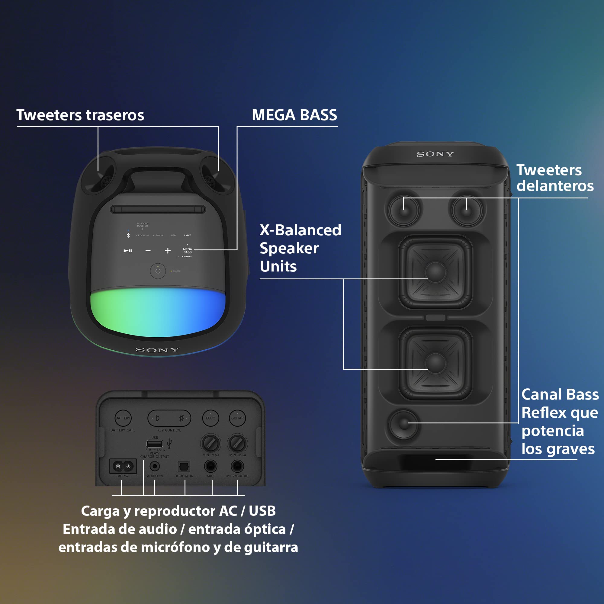 Sony SRS-XV800 Altavoz Inalámbrico para Fiestas con Sonido Potente 360° y Mega Bass, 25 Horas Batería, Portátil, para Interiores y Exteriores, Iluminación, Karaoke