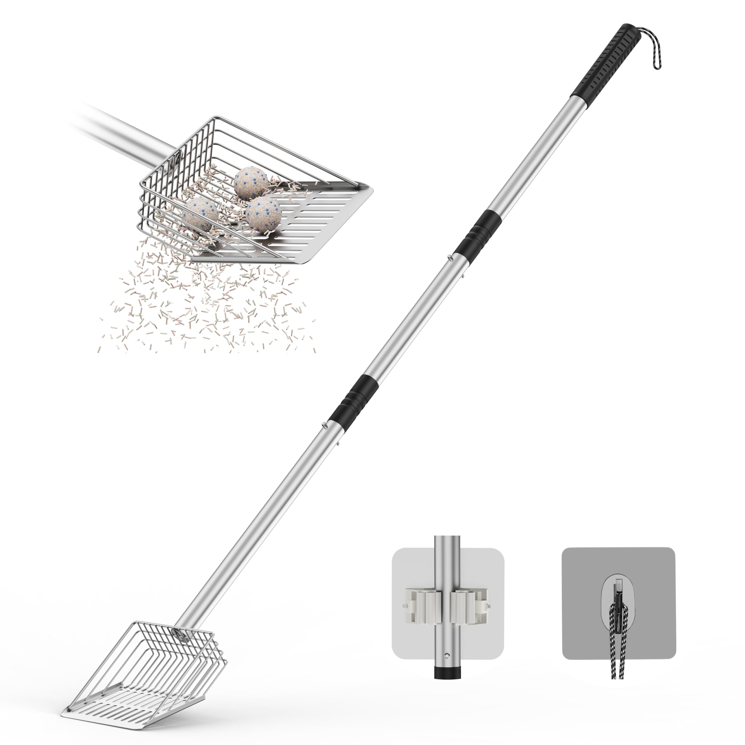 Aoktech Heavy Duty Metal Cat Litter Scoop with Holder - Speed Sifter Litter Box Scooper Captures All Clumps - Kitty Litter Sifting Shovel Comfy Handle