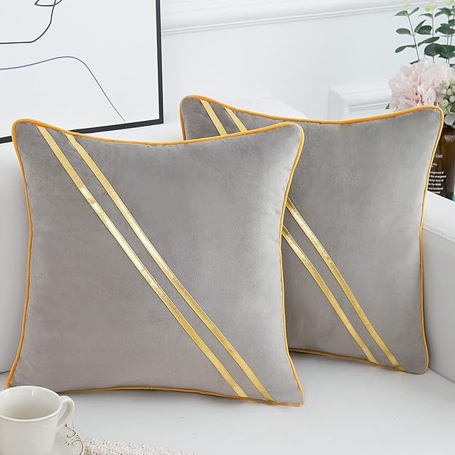 Set of 2 Cushion Covers 18x18 Square Cushion Cases Piped Edges Grey Velvet Soft Solid Decorative Gold Line Farmhouse Pillow Cover for Sofa Bedroom Car 45 x 45 cm