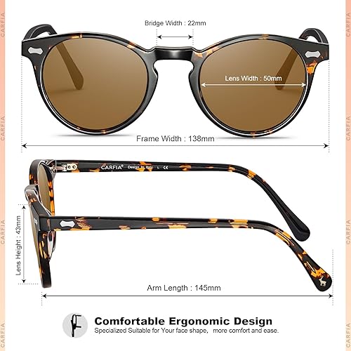 Miniatura 5 de CARFIA Lentes de sol polarizados retro para mujer, protección UV, acetato clásico, estilo vintage, tonos redondos