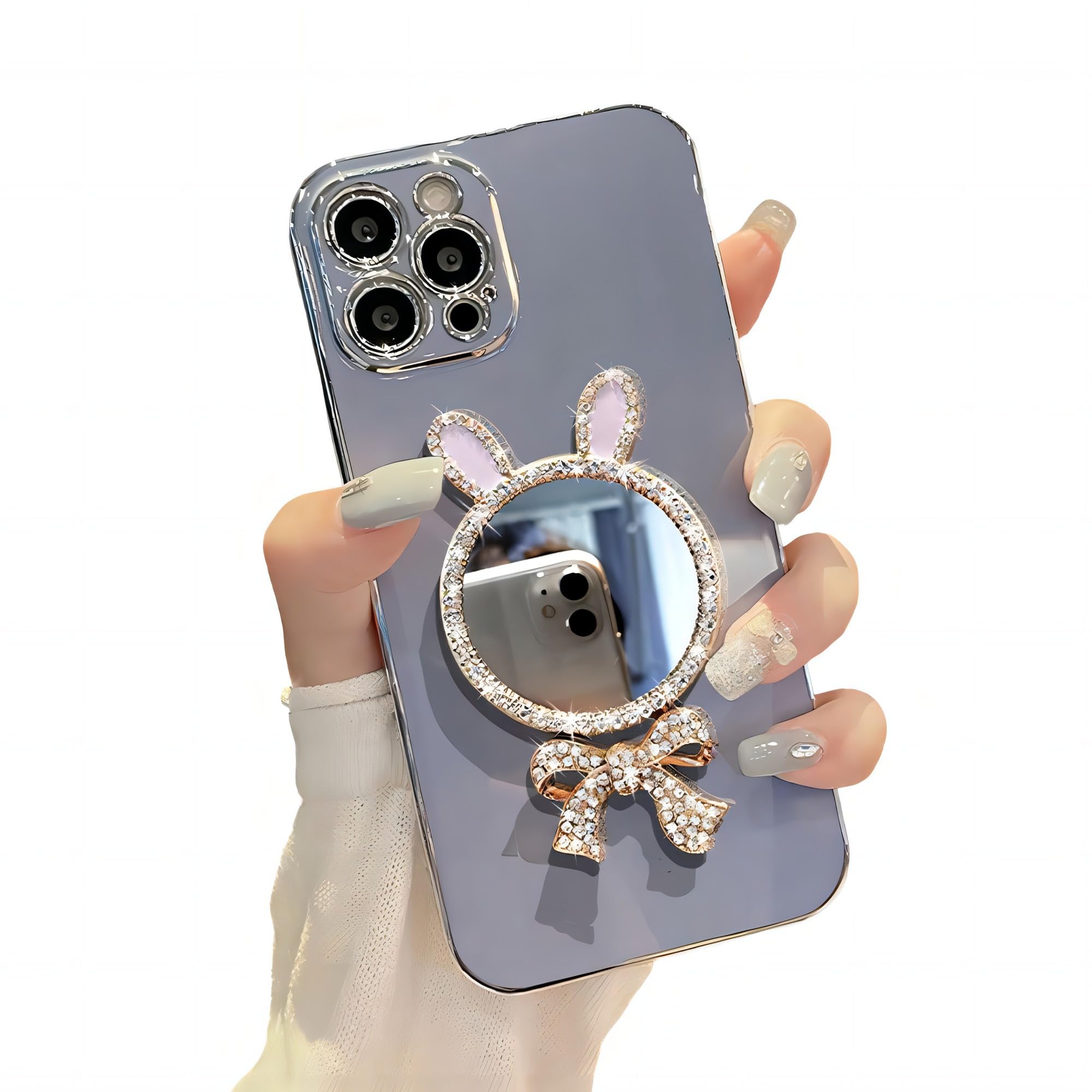YAOZOCASE for iPhone Case,3D Bow Glitter Diamond Mirror Makeup Bling Electroplated Bumper Camera Lens Protection Soft Shockproof Phone Case (Purple,