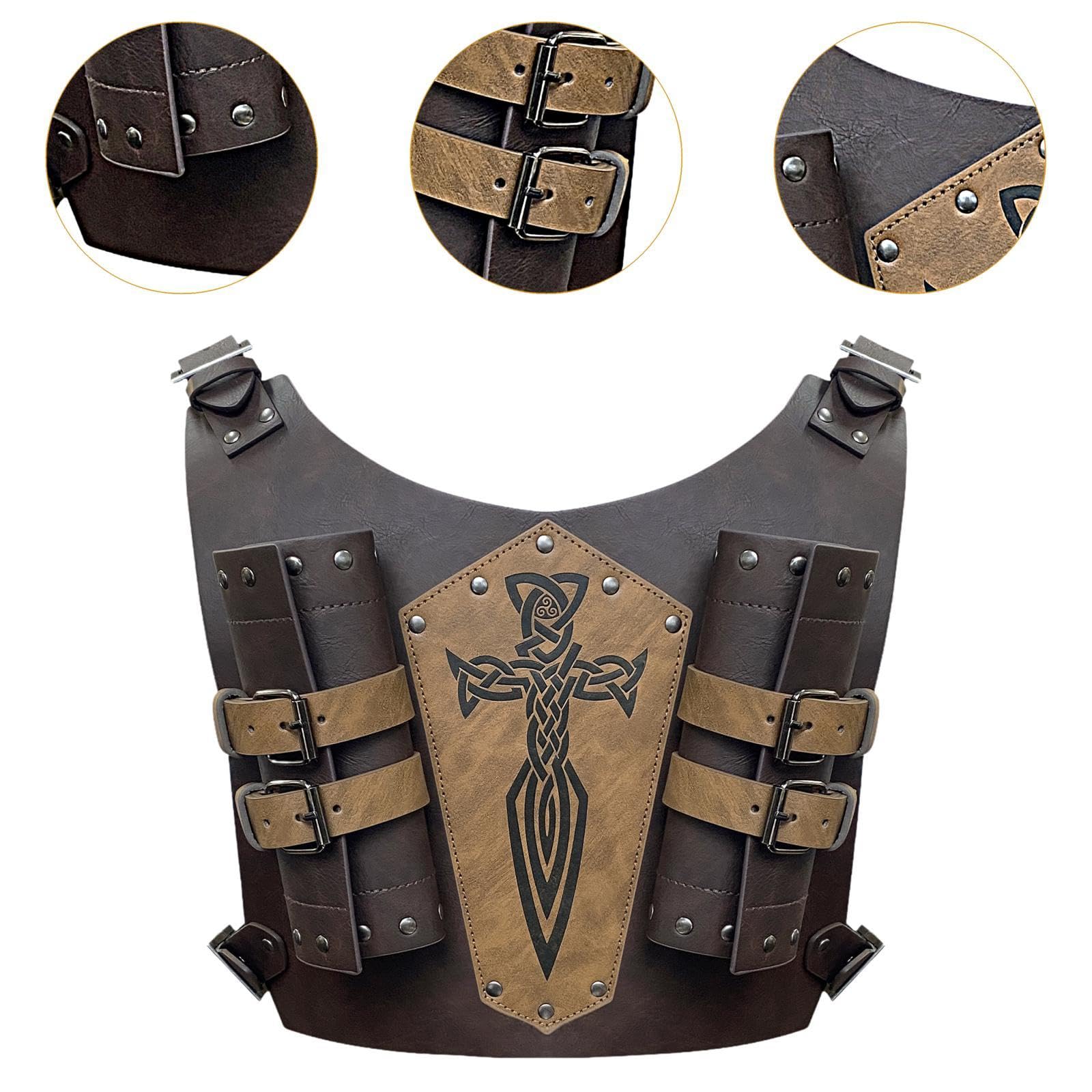 Fourreau D'Épée Dos Harnais Cosplay Simili Cuir Motif Gaufré Double Porte-épée Attache Réglable Accessoire Costume Adapté pour Festivals Historiques É, Brun
