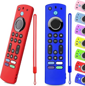 OneBom 2pcs Silicone Remote Cover for Firetv 4K Max 2nd/ Insignia/Pioneer/Toshiba/Omni QLED Series, Anti-Slip Protective Case with Same Color Lanyard Blue&Red
