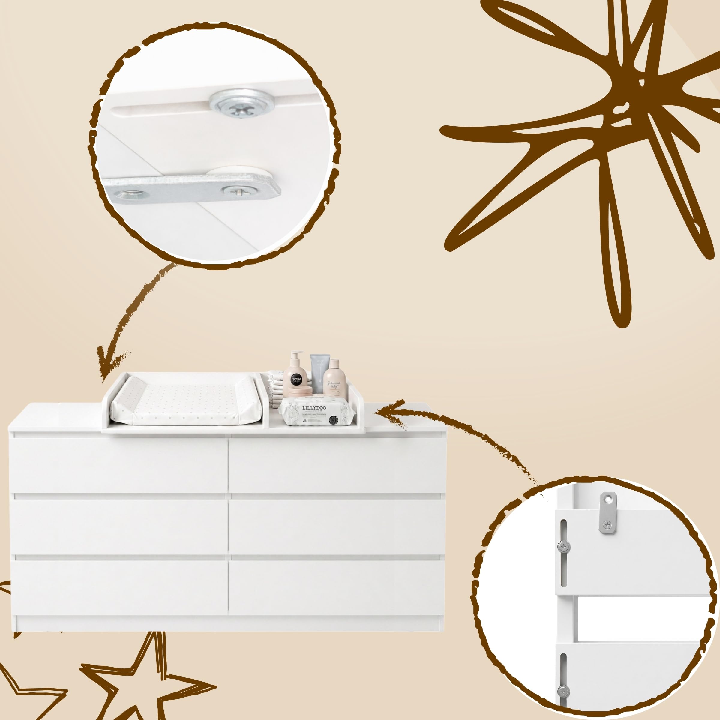 Cambiador con Compartimento y Panel 160cm, 80 x 70 cm, Blanco | Laterales Redondeados, Ajustable de 34 a 50 cm, Cambiador para Bebé, Cambiador para Cómoda