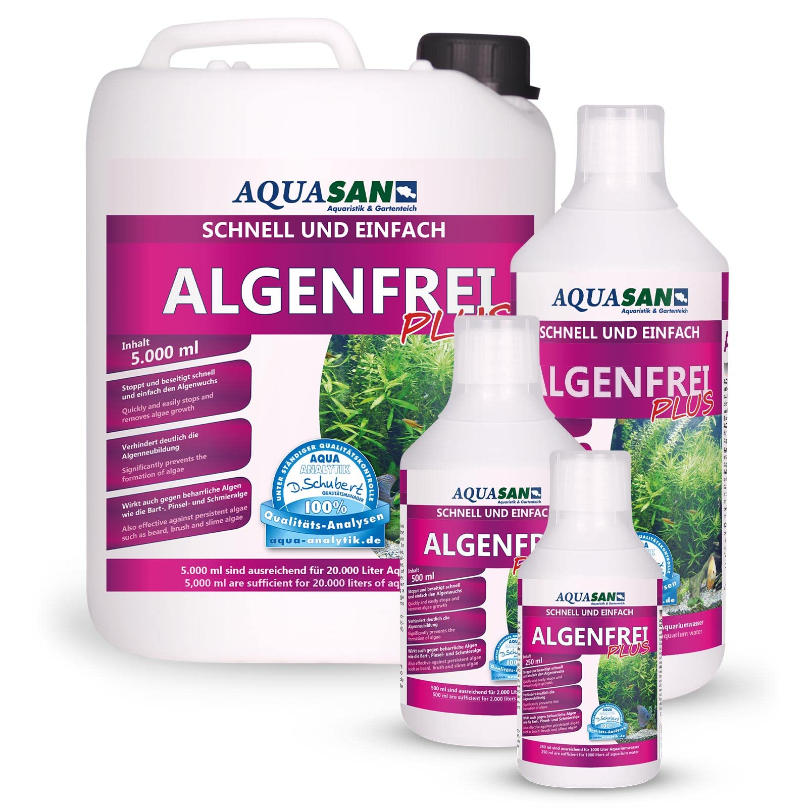 AQUASAN Aquarium Algenfrei Plus (Aquarium Algenvernichter, Algenentferner - Gegen nahezu alle Algen - Bartalgen, Pinselalgen, Schmieralgen), Inhalt:5 Liter