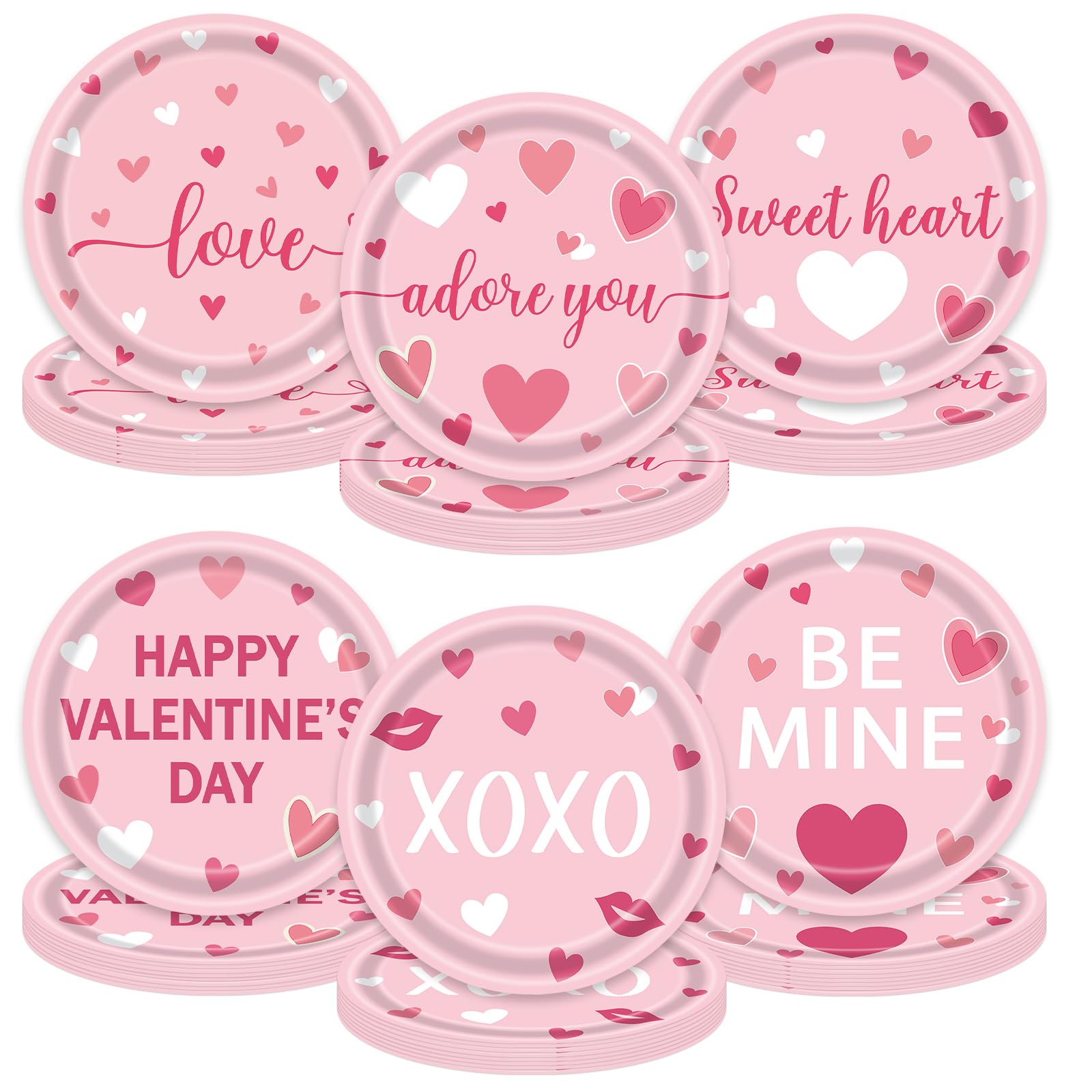 Photken 48 Pieces Valentine’s Day Paper Plates – 7 Inch Pink Heart Design Round Disposable Dessert Plates for Valentine’s Parties, Weddings, Anniversaries, and Romantic Dinners