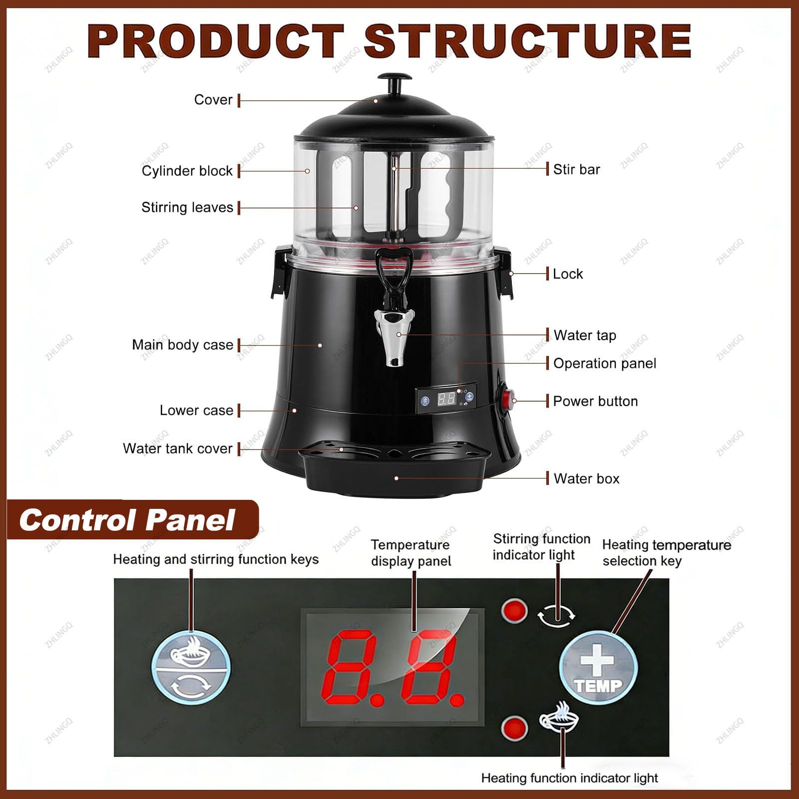 Distributeur de chocolat chaud commercial, machine à fondre antiadhésive avec écran LED, chauffe-boissons chaudes de 10 L pour boissons