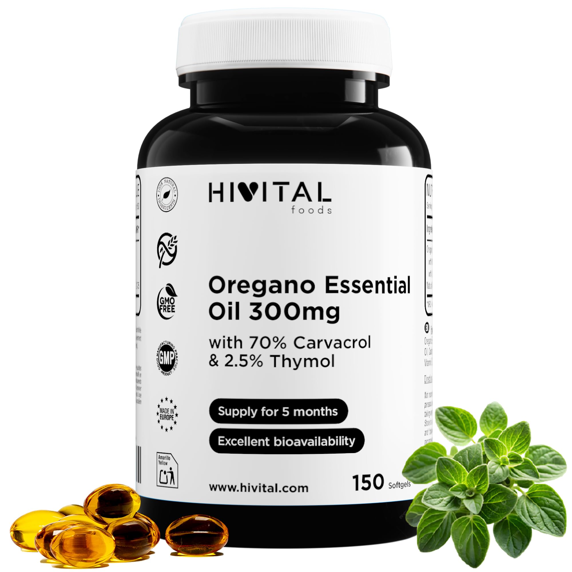Olio di Origano 300 mg. 150 capsule per 5 mesi di trattamento. Con Olio Extravergine di Oliva 70% di Carvacrolo e 2,5% di Timolo per capsula. 100% naturale, senza glutine, non OGM. Prodotto da Hivital