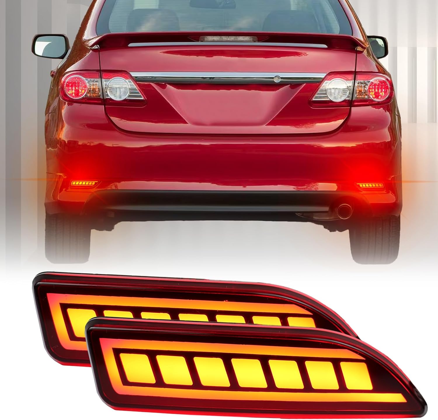 Upgrade LED Rear Bumper Reflectors Light Fog Brake Tail Lamps Compatible with Toyota Corolla 2011 2012 2013 Replace OEM Stock Reflector Sequential Turn Signal Light (Smoked)