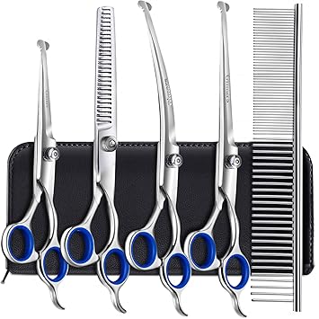 Gimars 4CR Stainless Steel Dog Grooming Scissors Kit with Safety Round Tip, Heavy Duty Titanium Coated Pet Grooming Trimmer Kit - Thinning, Straight, Curved Shears Comb for Long Short Hair for Cat Pet