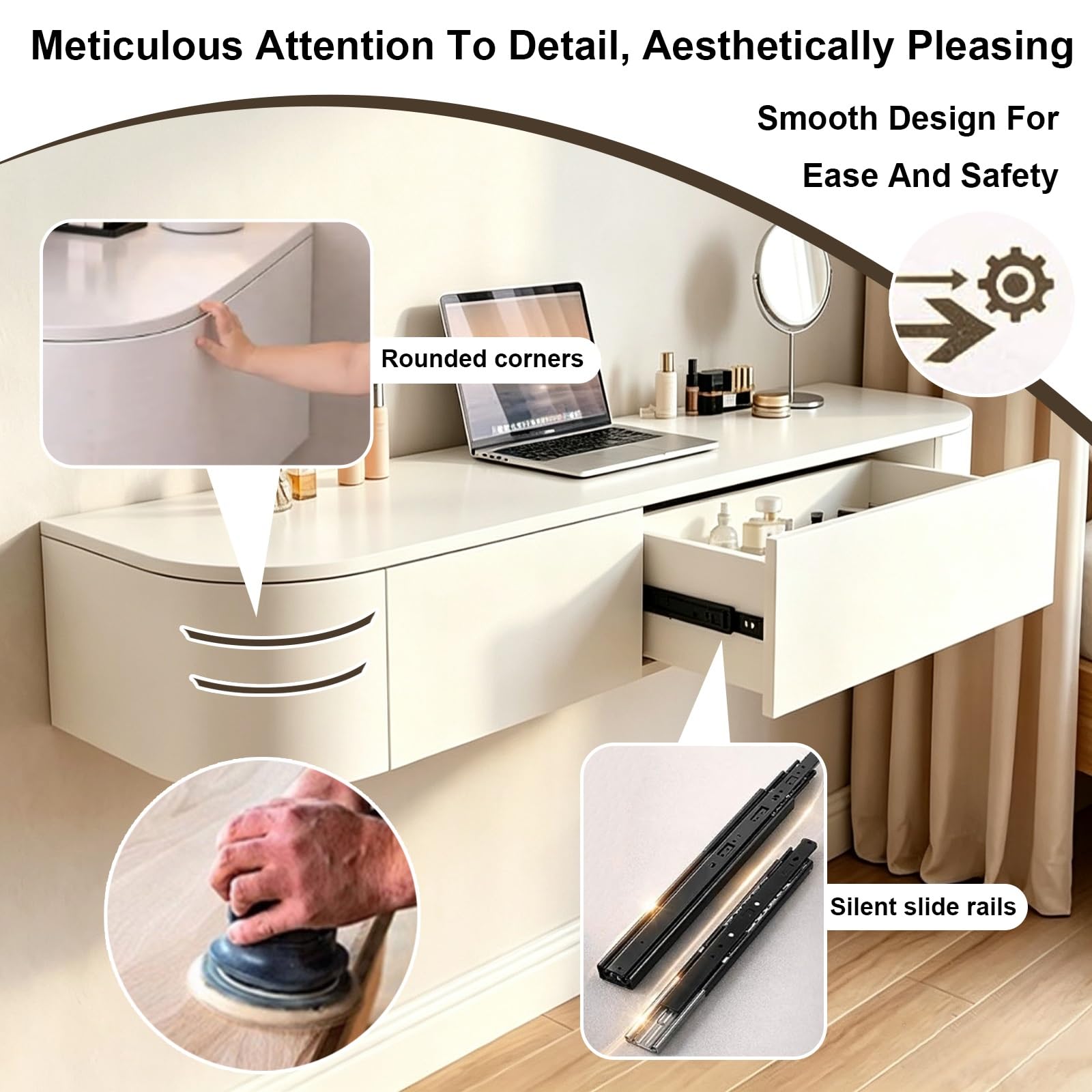 Schwebender Schminktisch Mit Schubladen Zur Wandmontage Schminktische | Schminktisch Für Kleine Schlafzimmer, Make-up-Ablage Mit Abgerundeten Ecken(Black2,140cm/55.1in)