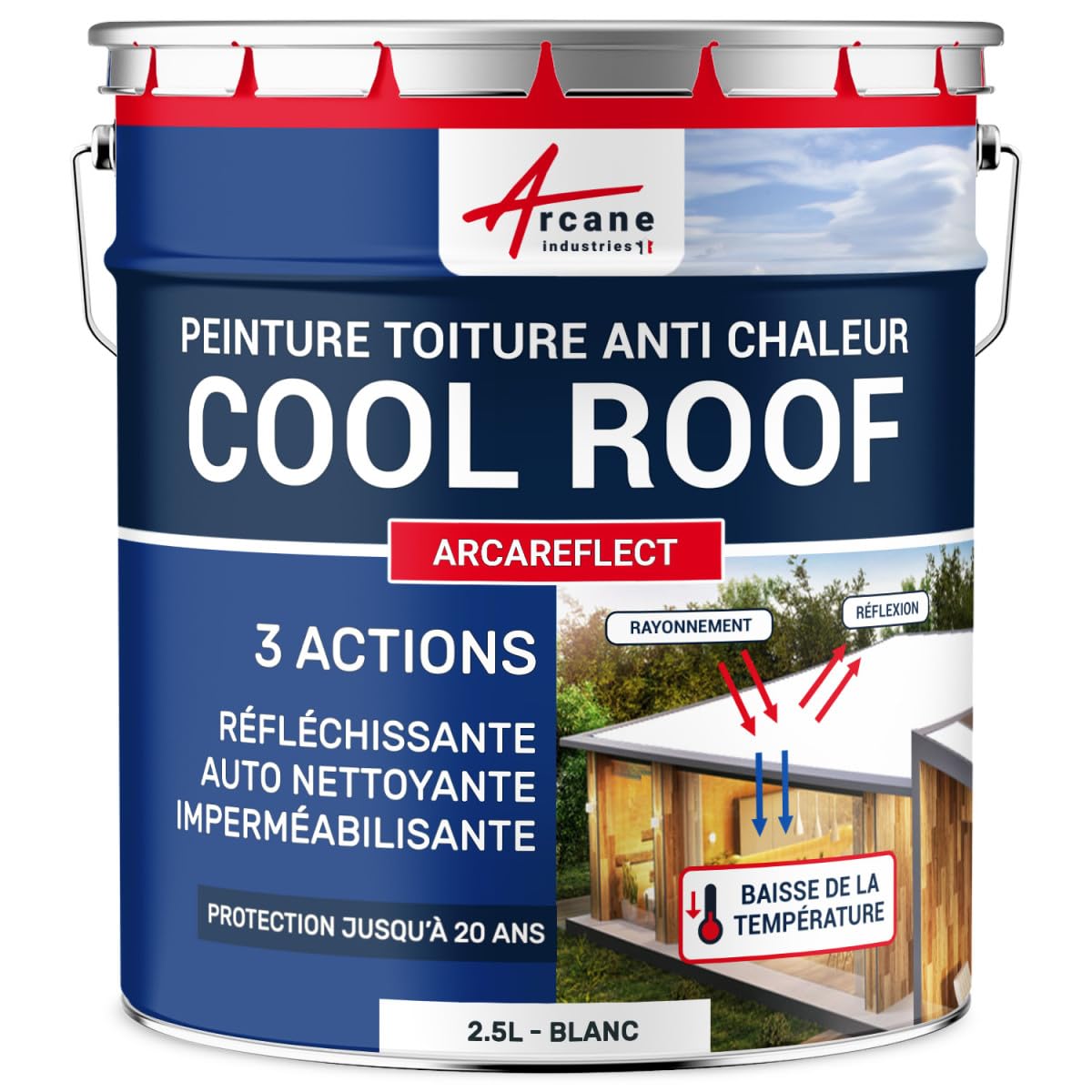 ARCANE INDUSTRIES Peinture Cool Roof Réfléchissante pour Toiture, Anti Chaleur et Anti UV, Réduction Température sous Toit, Blanche - ARCAREFLECT - 2.5 L Blanc