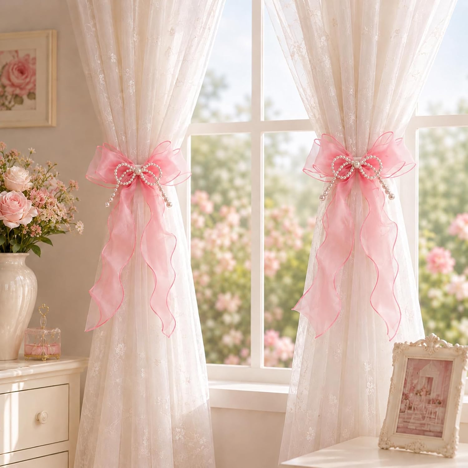4 Pack Pink Bow Curtain Tiebacks with Pearls Coquette Bowknot Curtain Holdbacks Pinks Room Decor for Home Bedroom Offices Dining Rooms Wedding Party (Pink)