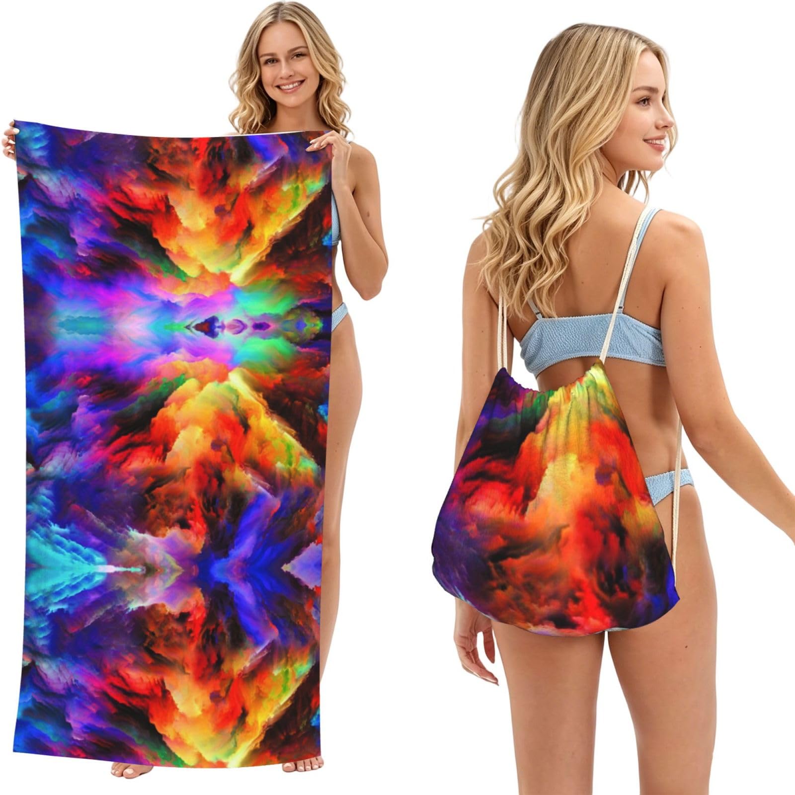 ESNAIUVCD Rainbow Cloud Print Beach Towel For Adults,Towel With Drawstring Bag, Travel Pool Swimming Sports Shower Sand Free Quick Dry Bath Towel For Pool, Beach, Yoga- 180x60cm