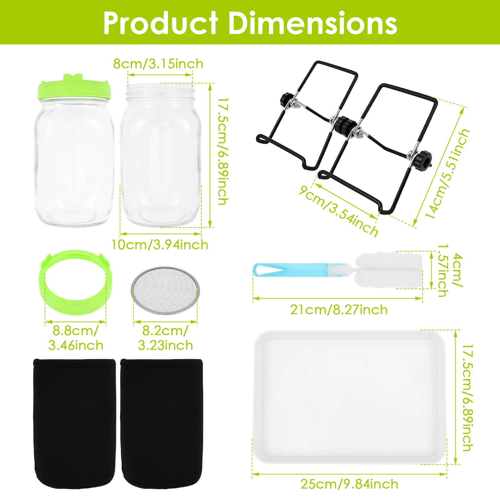 Kit completo de germinación en frascos (2) - Kit de cultivo de brotes de vidrio con tapa de acero inoxidable, soporte de goteo para brotes de brócoli, frijol mungo y alfalfa