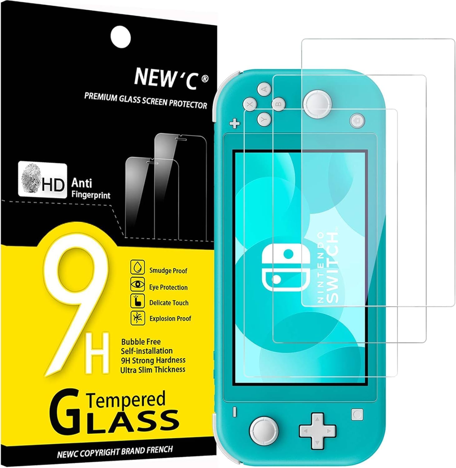 NEW'C Pack of 3 Tempered Glass Compatible with Nintendo Switch Lite, Ultra Resistant Bubble-Free Screen Protector Film (0.33 mm HD Ultra Clear) 9H Hardness Glass