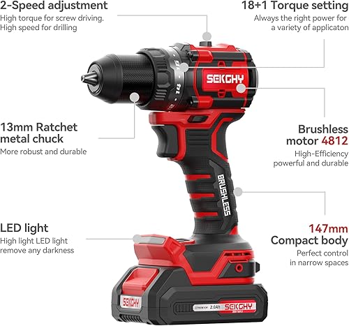 Miniatura 3 de Taladro eléctrico de 20 V 70N.m 2 baterías, 70 Nm, 18+1 par de torsión, 2 velocidades con luz LED, kit de 26 piezas para brocas caseras y brocas