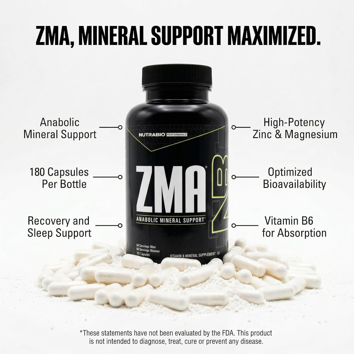 NutraBio ZMA Supplements for Men & Women- Zinc Magnesium Supplements to Support Hormone Levels, Peak Performance, Sleep, Muscle Recovery, Immune Health, 180 Ct.