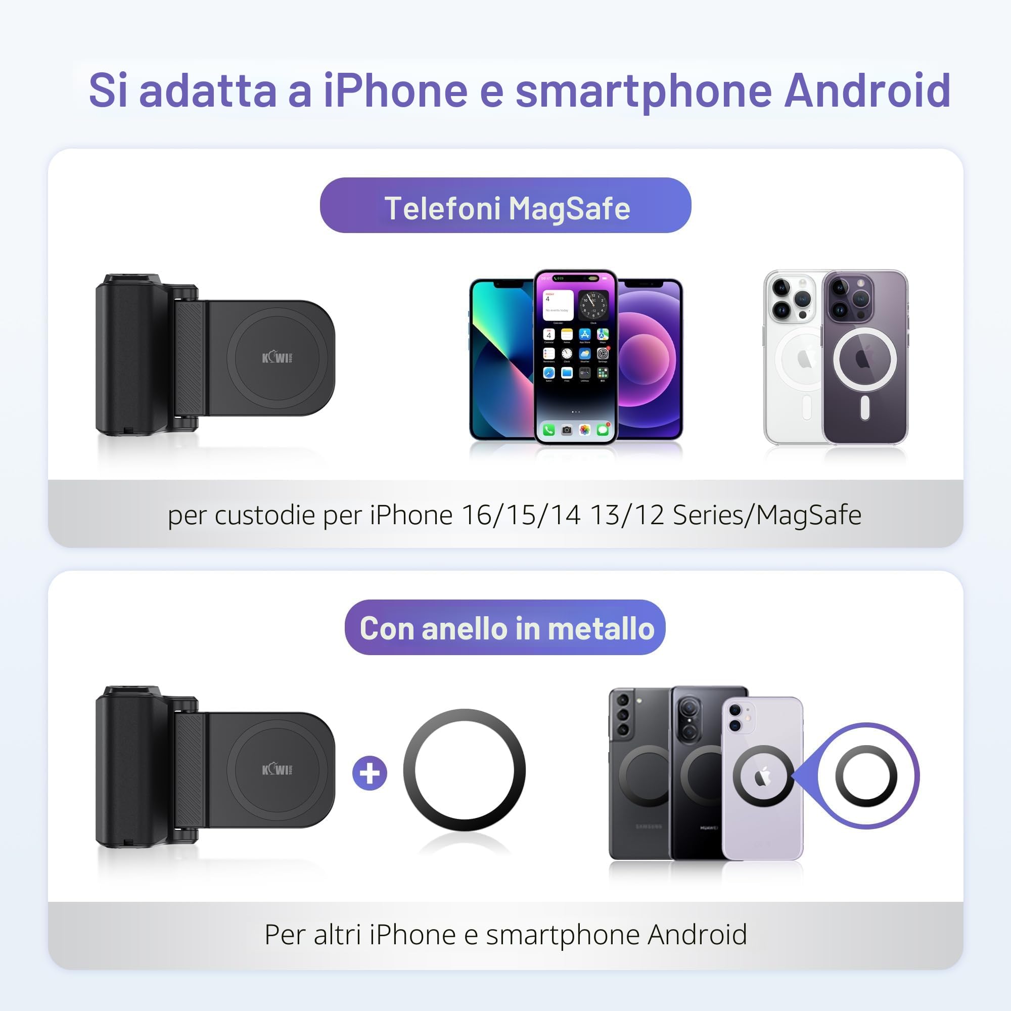 Kiwifotos per iPhone Magsafe Supporto per Fotocamera con Manico Magnetico e Telecomando Bluetooth per iPhone 17 16 15 14 Pro Max Samsung S26 S25 Smartphone Vlog Ripresa Video (Treppiede NON Incluso)