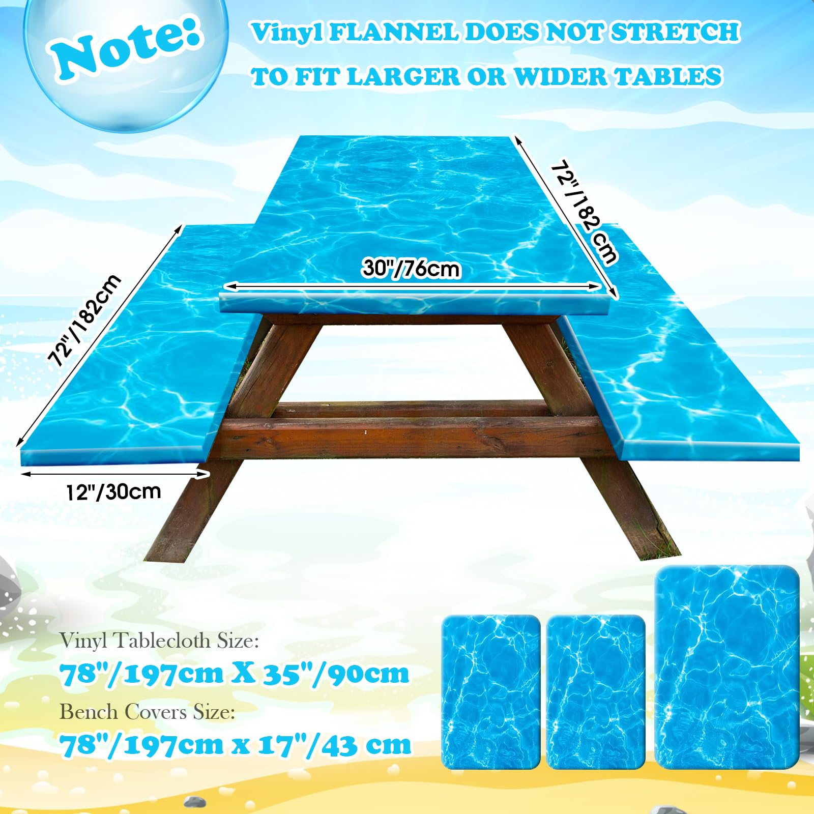 Boao 3 Pcs Vinyl Picnic Table and Bench Fitted Tablecloth Cover Set 6 Ft 30 x 72 Inch Flannel Backing Rectangular Elastic Edged Picnic Table Cover for Summer Outdoor Patio Travel (Seawater)