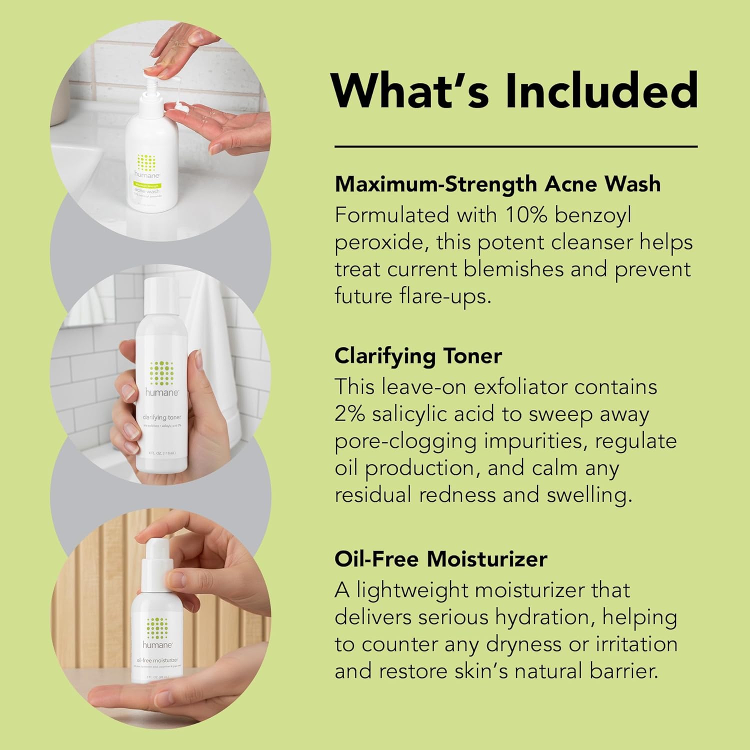 humane Maximum-Strength Acne Wash, Clarifying Toner, and Oil-Free Moisturizer Bundle - 10% Benzoyl Peroxide Acne Treatment
