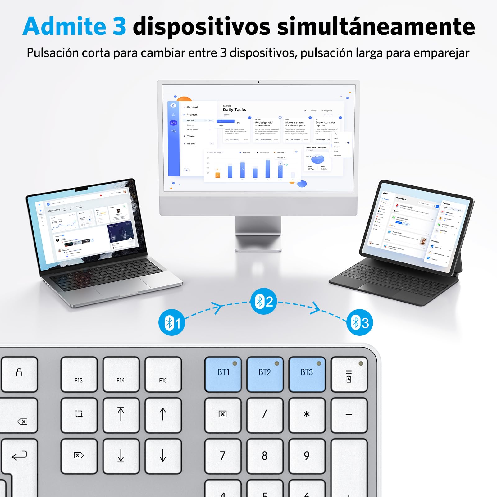 OMOTON Tastiera wireless Bluetooth per Mac, compatibile con MacBook Pro/Air, iMac/Mac Mini/Pro, ricaricabile e con 3 canali Bluetooth, distribuzione spagnola (argento)